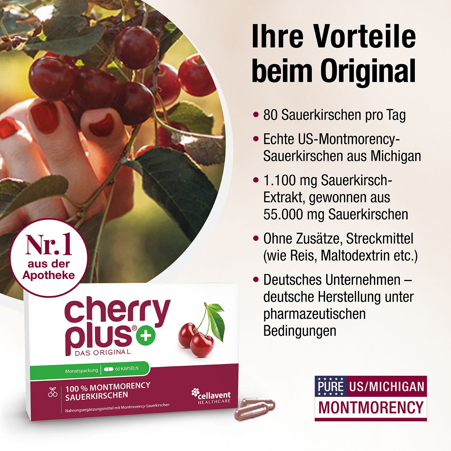 Main avec cerises, gélules CHERRY PLUS®, texte : 80 cerises par jour, vrai US-Montmorency, n°1 en pharmacie.