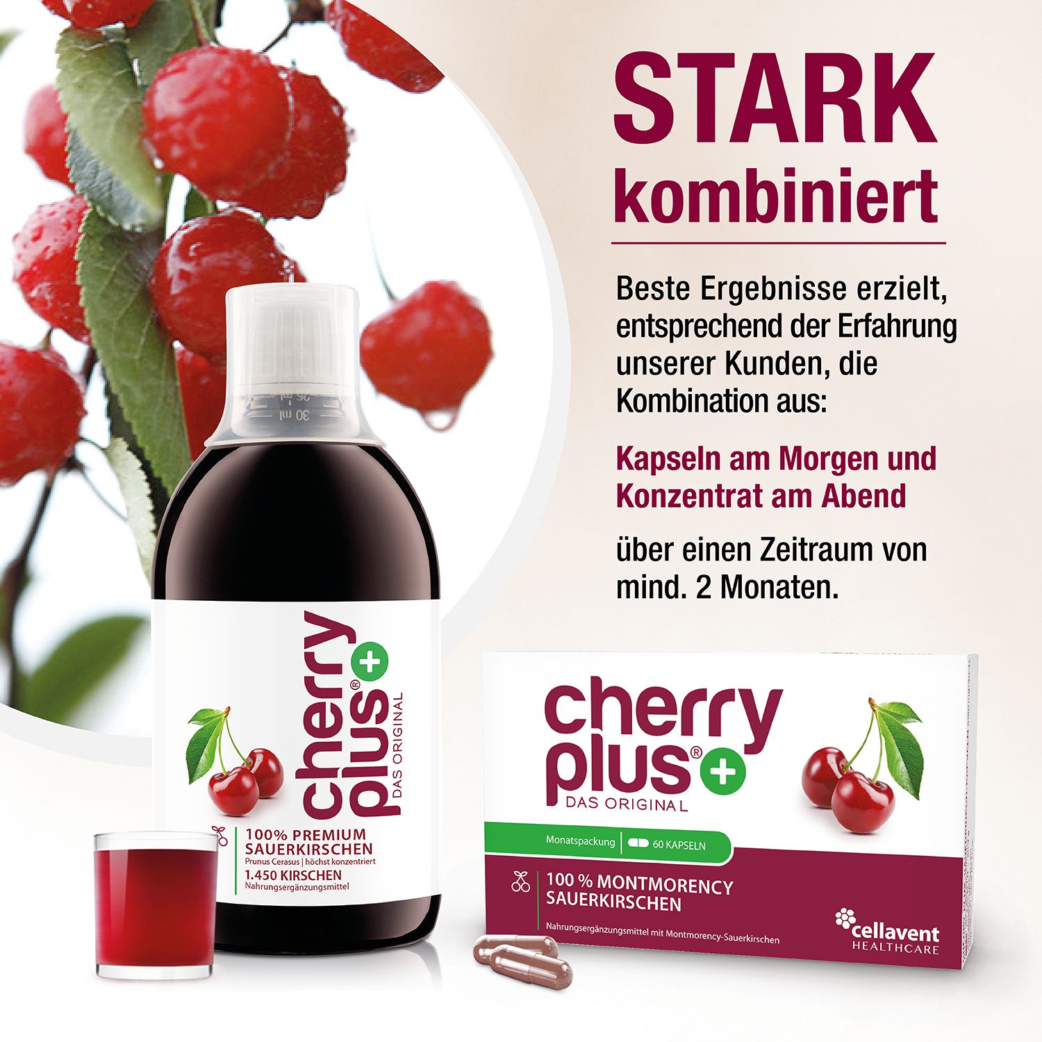 Gélules et liquide CHERRY PLUS®. Combinaison pour de meilleurs résultats. Inscription : 100% Montmorency Sauerkirschen.