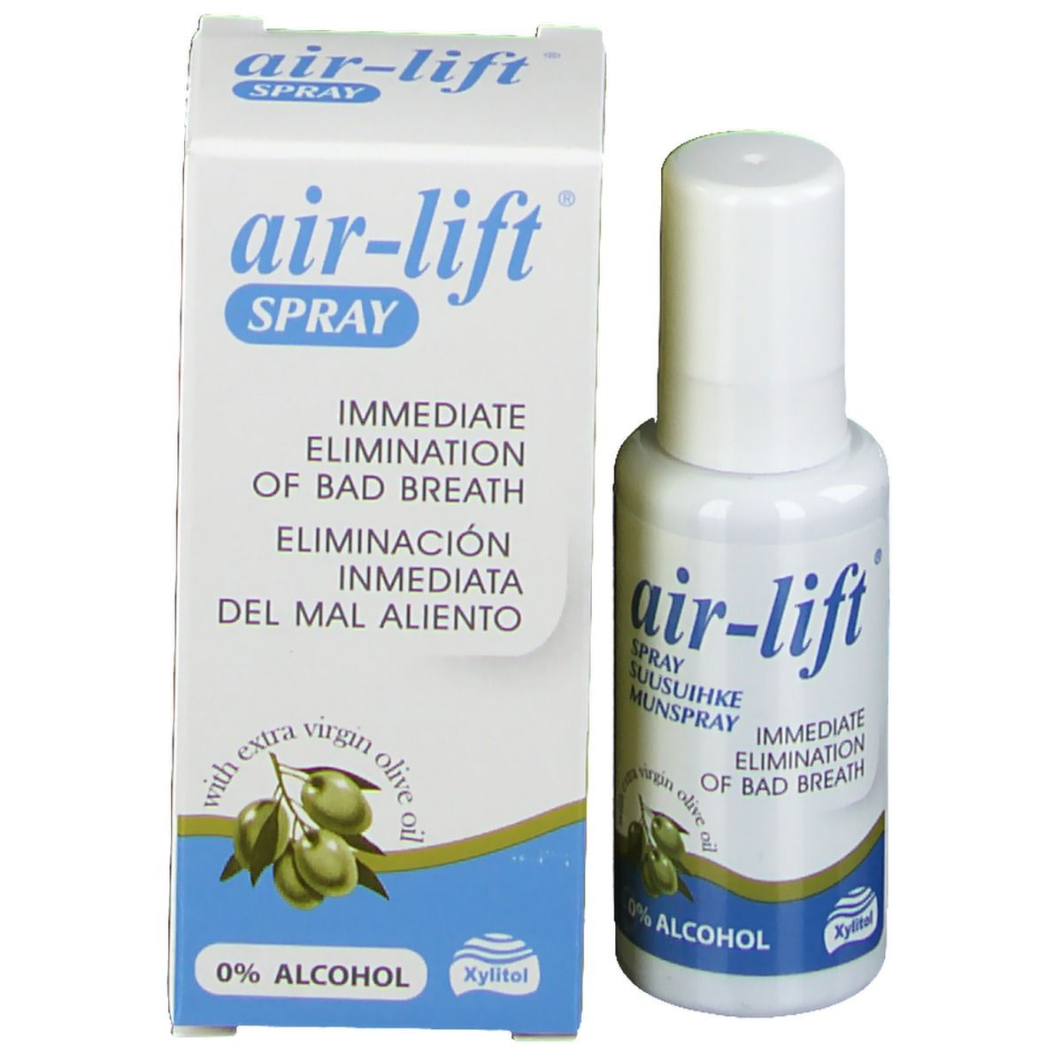 Flacon de spray buccal et emballage. Emballage avec texte : air-lift Spray, 0% alcool. Illustration d'olives.