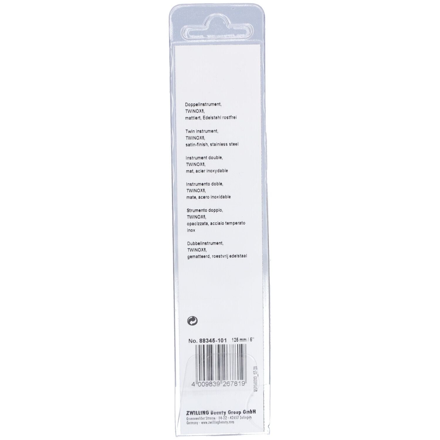 Dos de l'emballage blister. Informations produit et code-barres. Marque ZWILLING. Acier inoxydable mat.