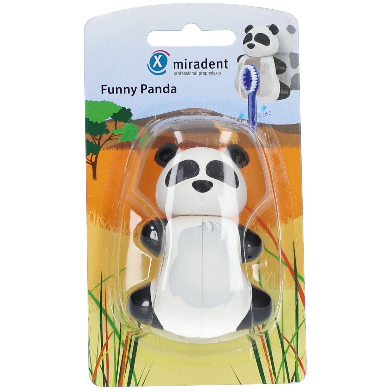 Support de brosse à dents Panda en blister. Blanc et noir, avec ventouses. Marque : miradent.