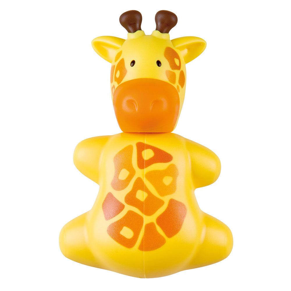 Girafe jaune, porte-brosse à dents. Motifs de taches orange. Oreilles marron. Vue de face.