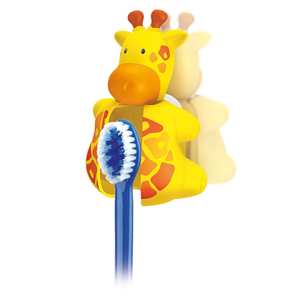 Girafe jaune, porte-brosse à dents, avec brosse à dents bleue. Représentation partiellement transparente.