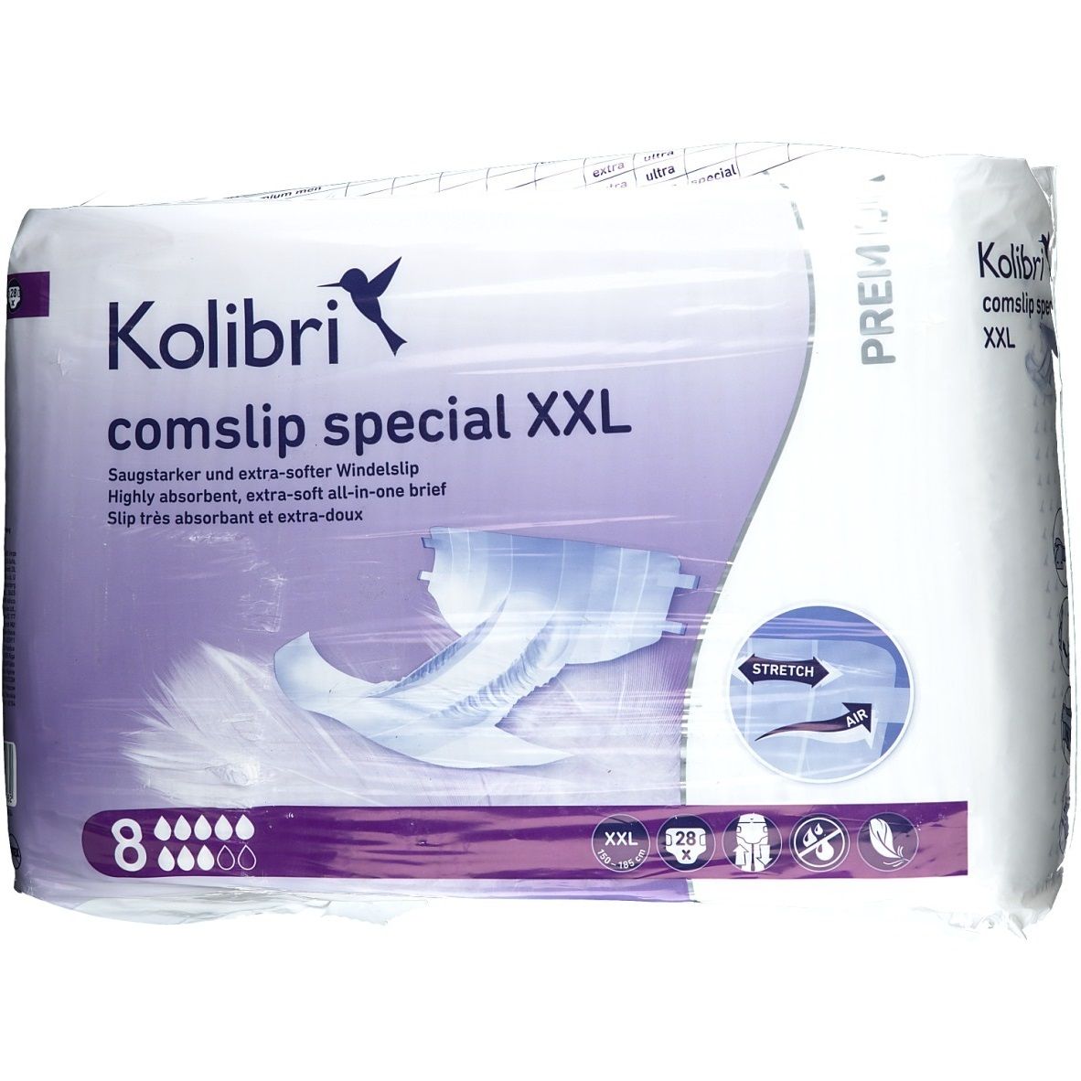 Paquet de Kolibri comslip special XXL. 8 unités. Inscription : Très absorbant, extra-doux. Slip absorbant. Taille XXL.