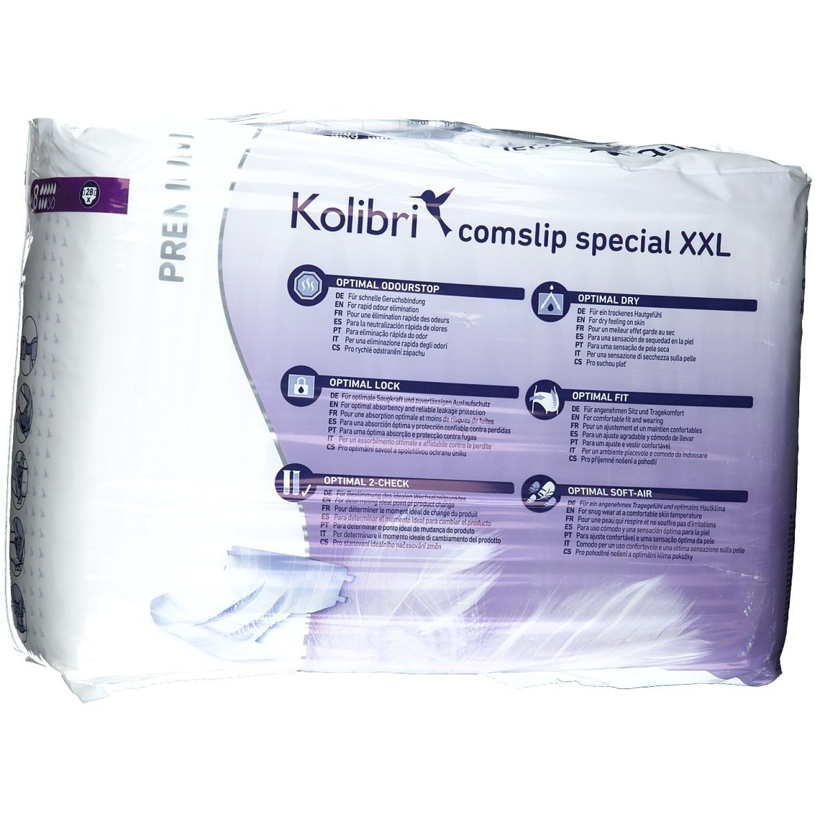 Paquet de Kolibri comslip special XXL. Caractéristiques : Arrêt des odeurs optimal, sec, verrouillage, ajustement, 2-Check, Soft-Air.