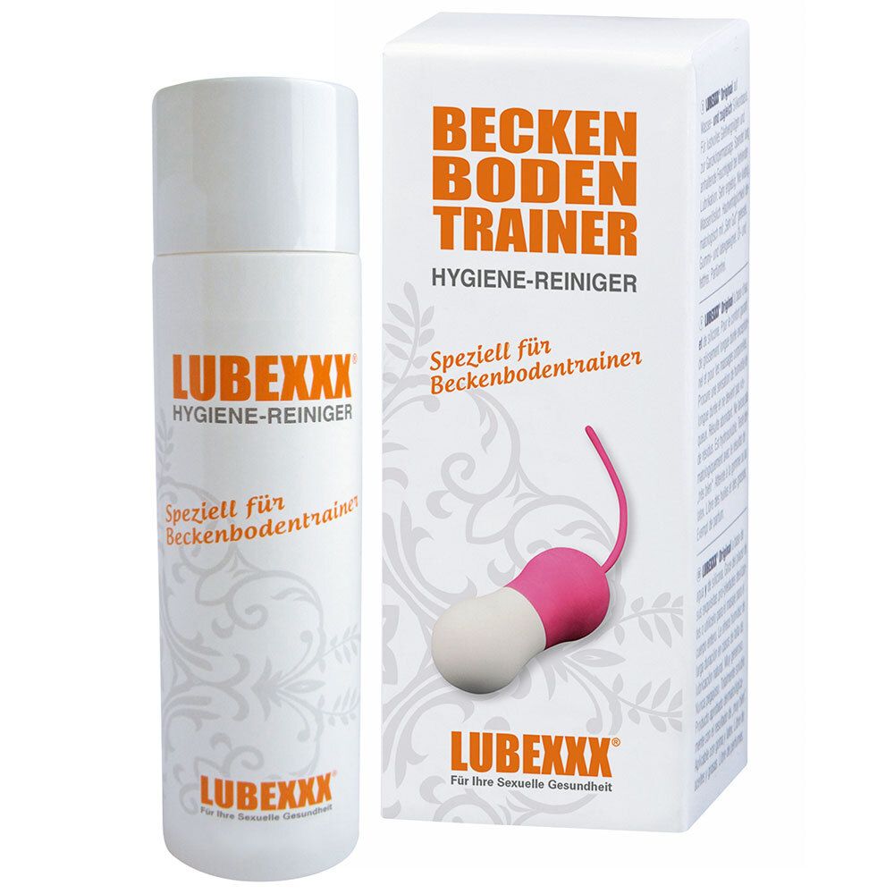Flacon et boîte blancs. Inscription LUBEXXX Hygiene-Reiniger. Spécialement pour entraîneur périnéal. Produit avec accessoire.