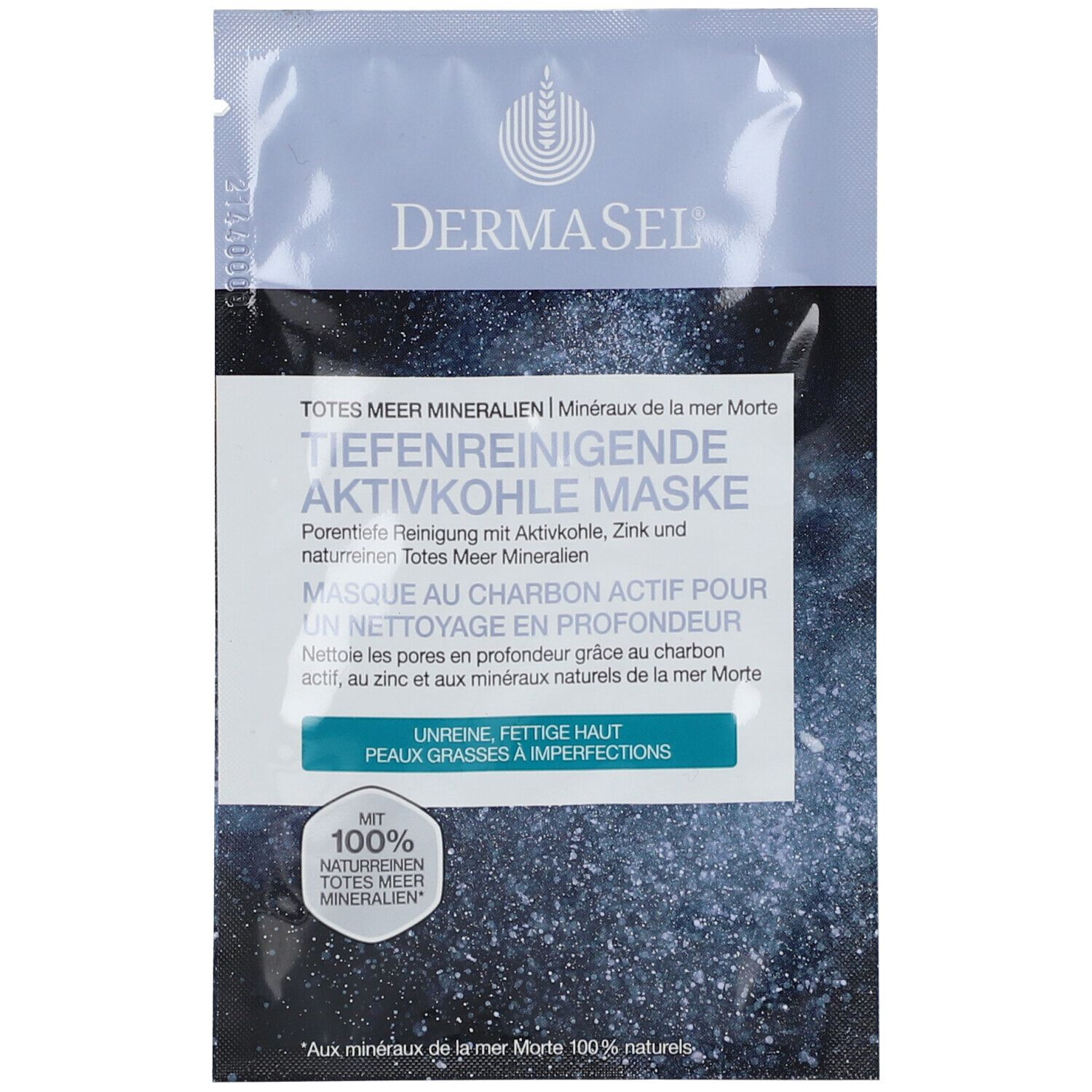 Sachet de masque au charbon actif. Texte: Masque au charbon actif pour un nettoyage en profondeur, peaux grasses. 100% minéraux naturels.
