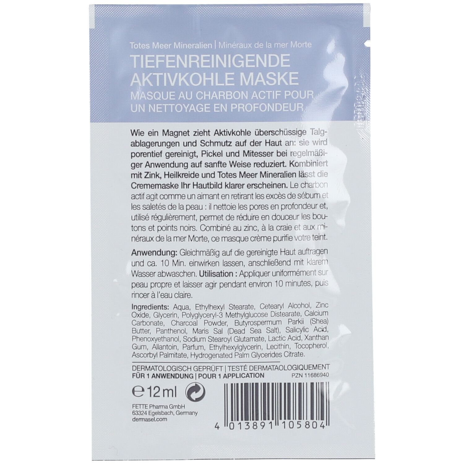Dos du masque au charbon actif. Texte: Masque au charbon actif pour un nettoyage en profondeur. Ingrédients, mode d'emploi. Testé dermatologiquement.