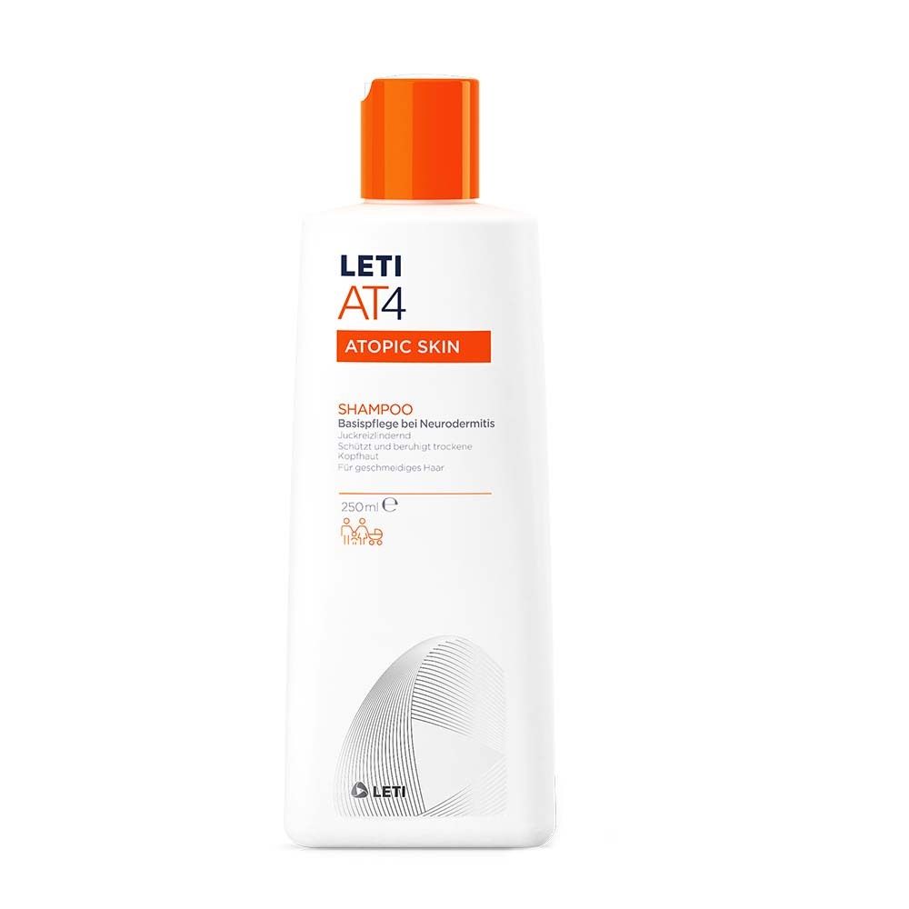 Flacon de shampooing blanc avec bouchon orange. Inscriptions : LETI AT4, ATOPIC SKIN, Shampooing. 250ml.