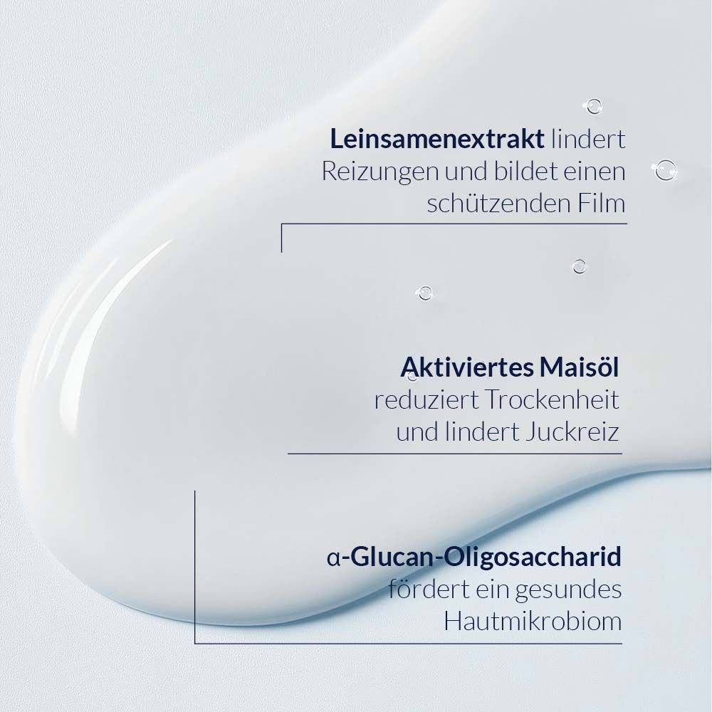 Gros plan d'un liquide blanc avec du texte. Étiquettes : extrait de graines de lin, huile de maïs activée, α-Glucan-Oligosaccharide.