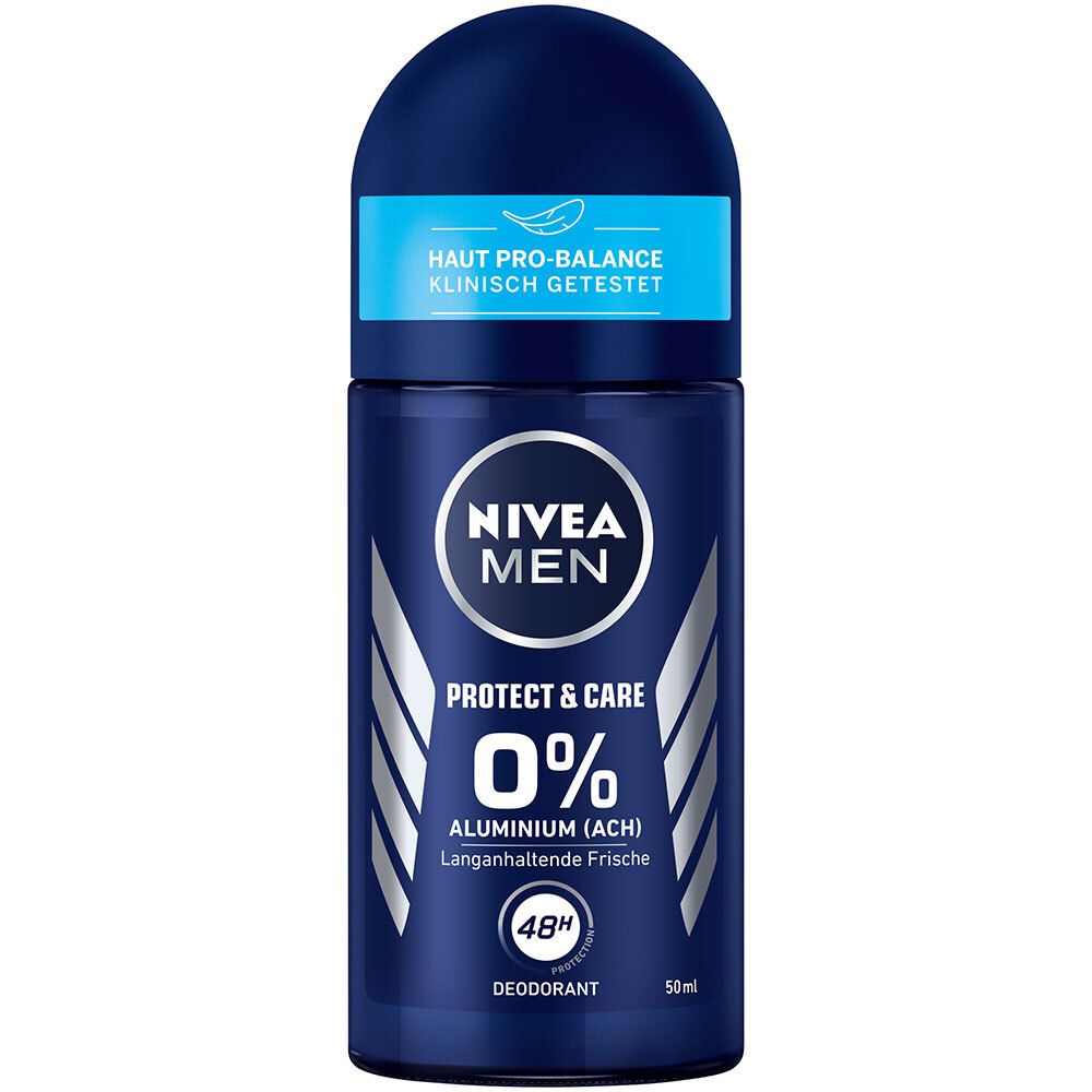 Roll-on bleu. NIVEA MEN Protect & Care, 0% aluminium. Protection 48h. Testé cliniquement.