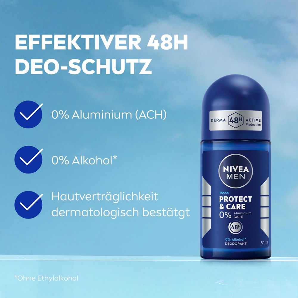 NIVEA MEN Protect & Care Roll-On : Protection 48h, 0% Aluminium, 0% Alcool. Tolérance cutanée testée dermatologiquement.