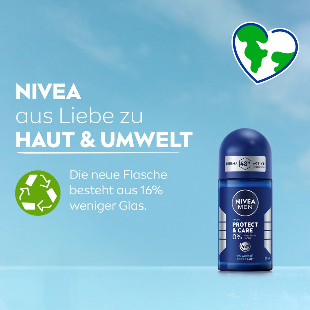 NIVEA MEN Protect & Care Roll-On. Nouvelle bouteille en 16% de verre en moins. Pour la peau & l'environnement.