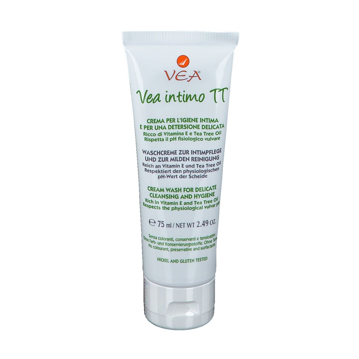 Tube blanc de VEA intimo TT. Crème lavante. Textes en allemand, italien et anglais. 75 ml. Testé nickel et gluten.