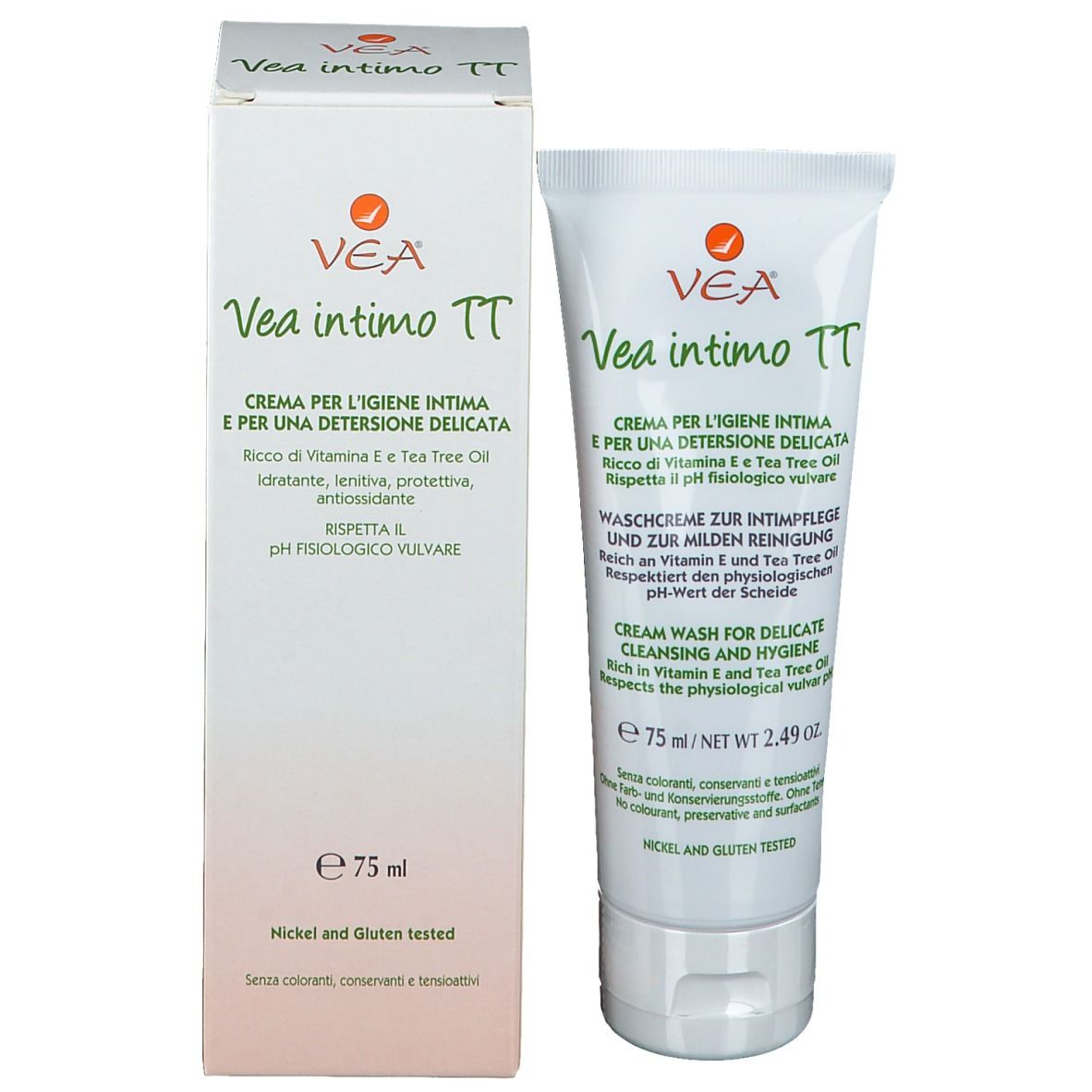 VEA intimo TT Waschcreme et emballage. Tube et boîte. Textes en allemand, italien et anglais. 75 ml.