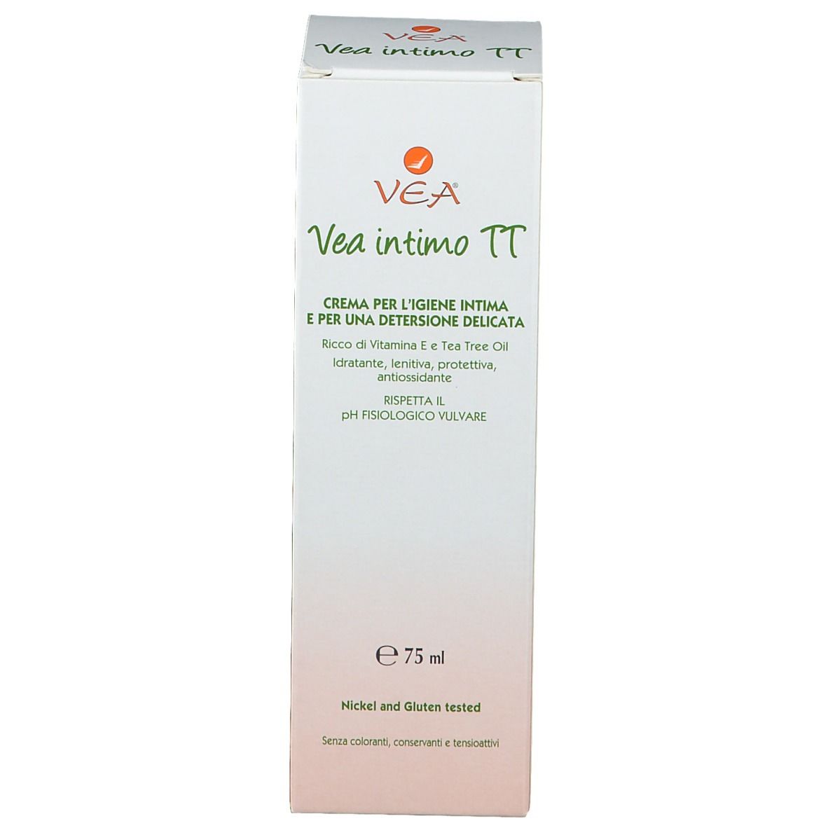Boîte de VEA intimo TT Waschcreme. Textes en allemand, italien et anglais. 75 ml. Testé nickel et gluten.
