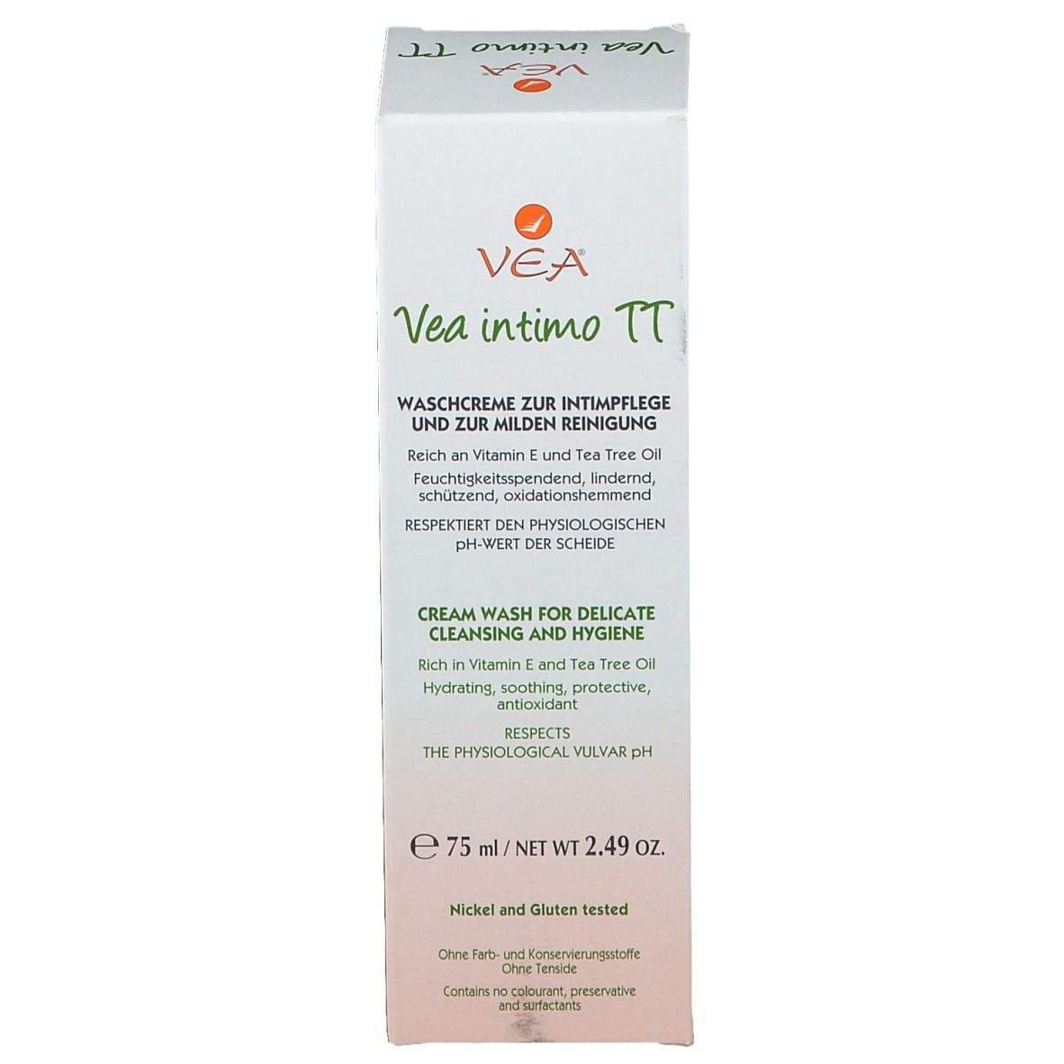 Face avant de la boîte de VEA intimo TT Waschcreme. Textes en allemand, italien et anglais. 75 ml.