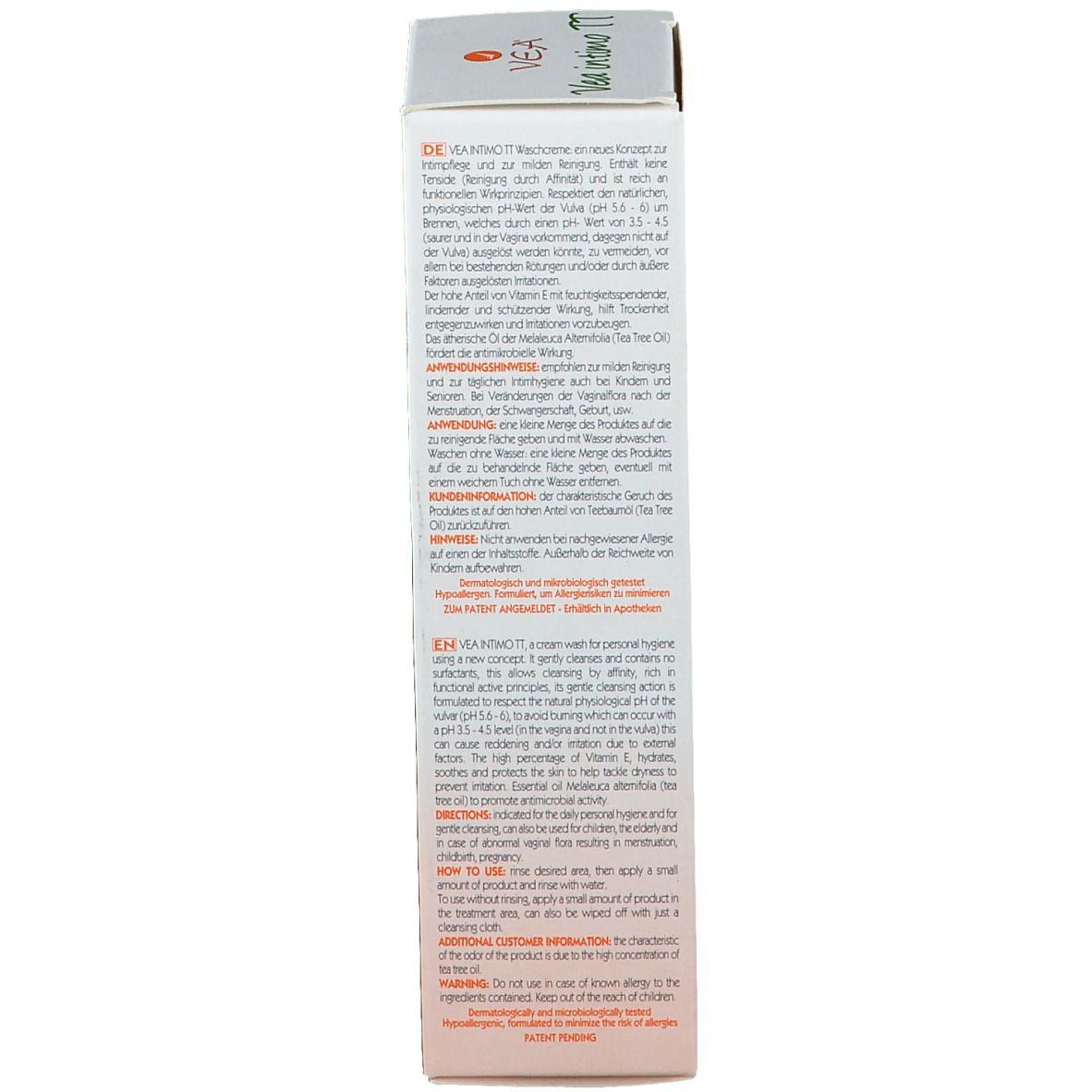 Côté de la boîte de VEA intimo TT Waschcreme. Textes en allemand, italien et anglais. 75 ml. Testé nickel et gluten.