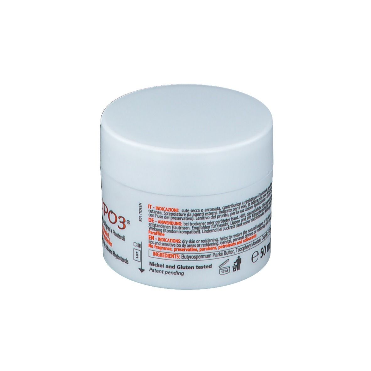 Pot blanc avec impression VEA LIPO3. Texte : Indications, ingrédients, testé sans nickel ni gluten. Brevet en instance.