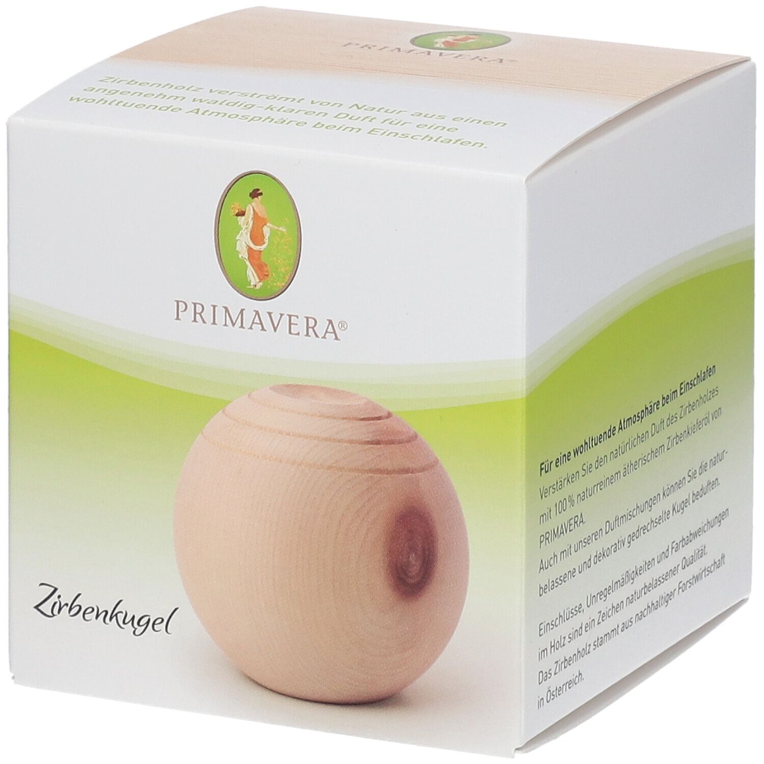 Boule en bois dans son emballage. Marque PRIMAVERA. Inscription: Zirbenkugel.