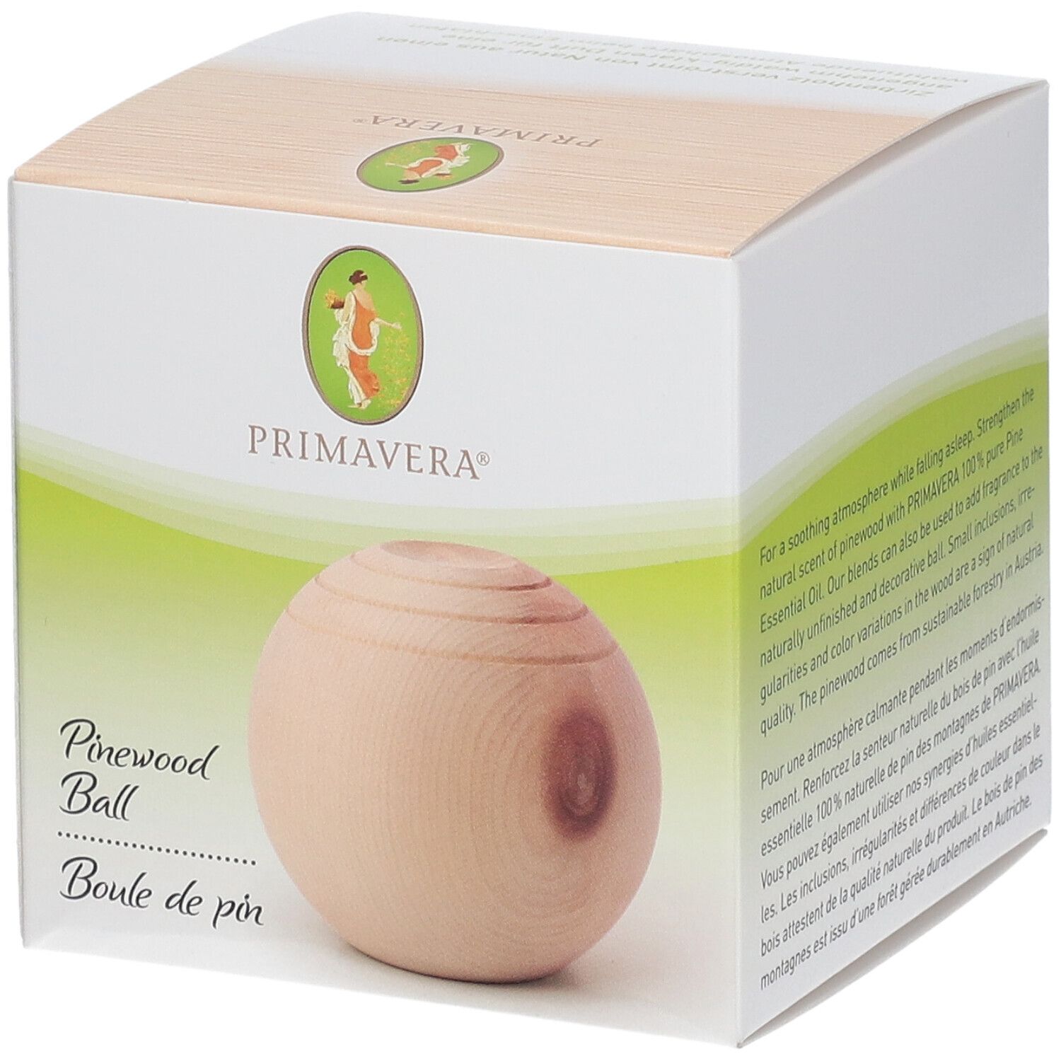Emballage avec boule en bois. Inscription: PRIMAVERA, Pinewood Ball, Boule de pin.
