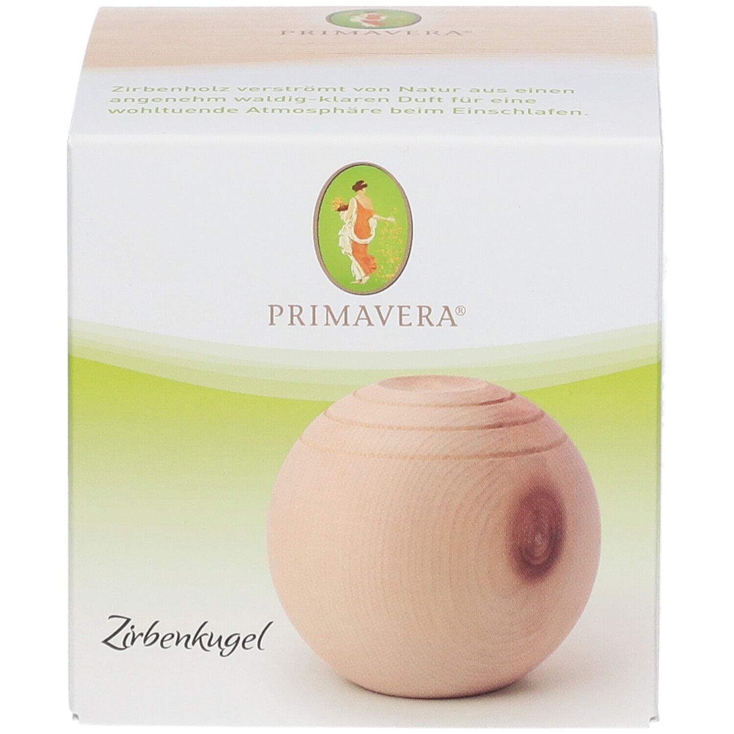 Boule en bois dans son emballage. Marque PRIMAVERA. Inscription: Zirbenkugel.