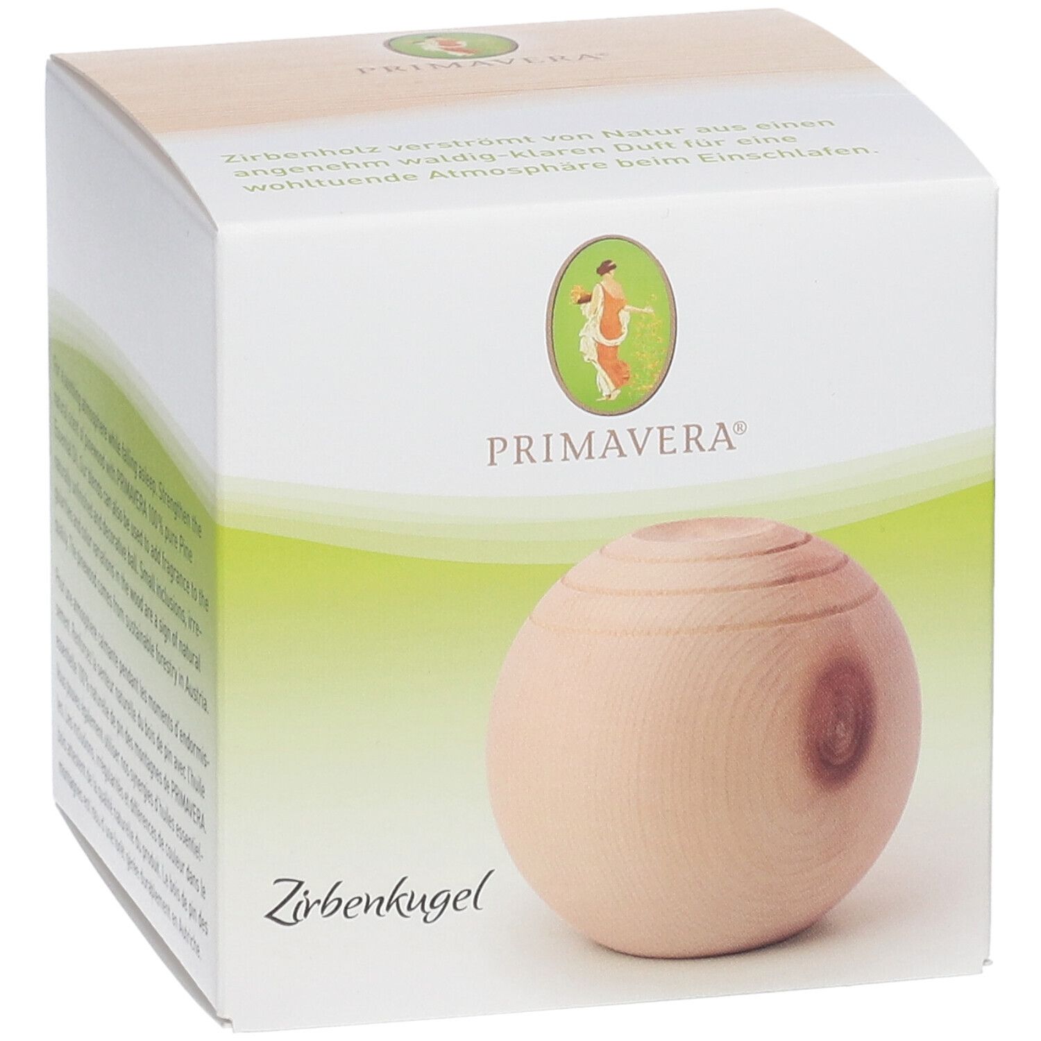 Boule en bois dans son emballage. Marque PRIMAVERA. Inscription: Zirbenkugel.