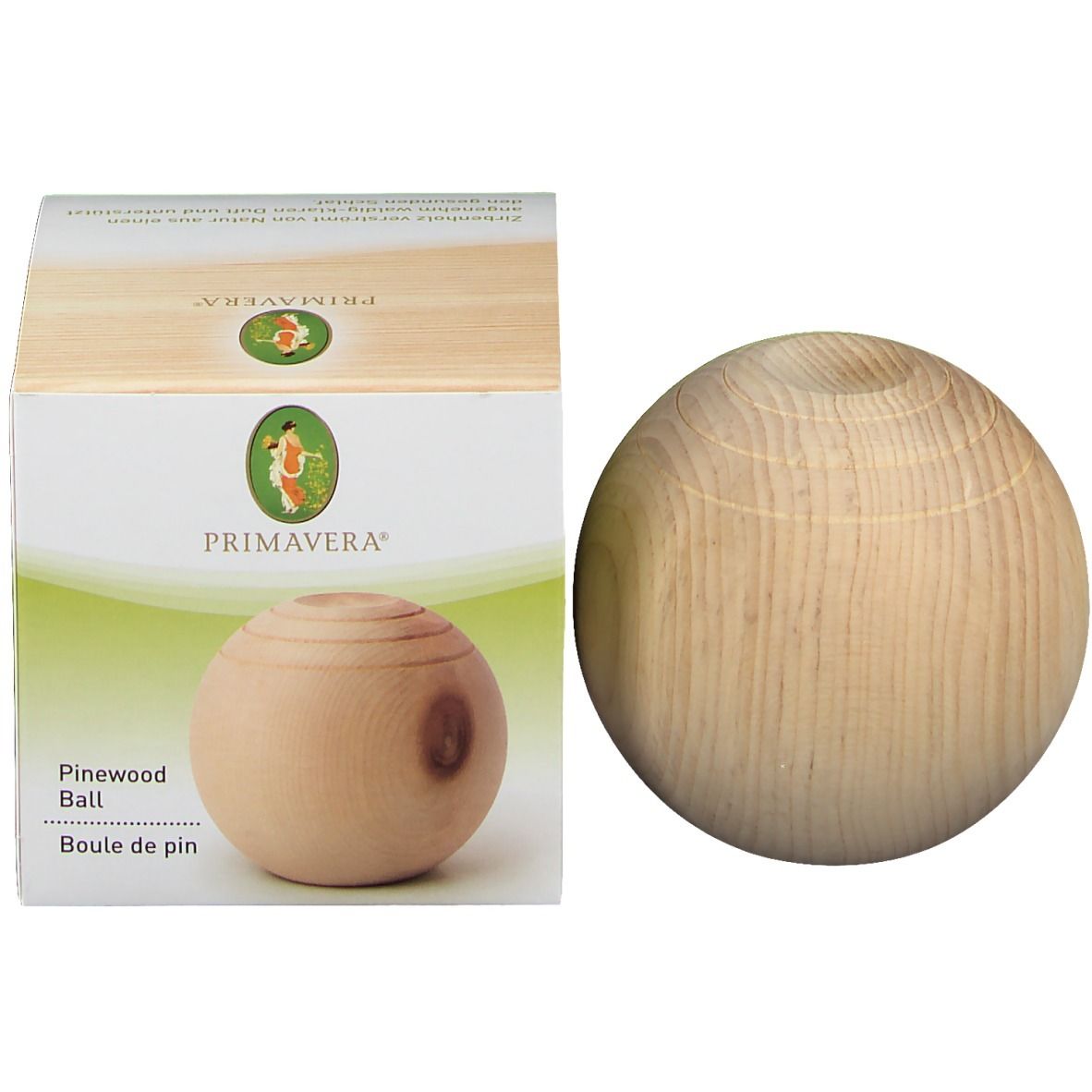 Boule en bois et emballage. Inscription: PRIMAVERA, Pinewood Ball, Boule de pin.