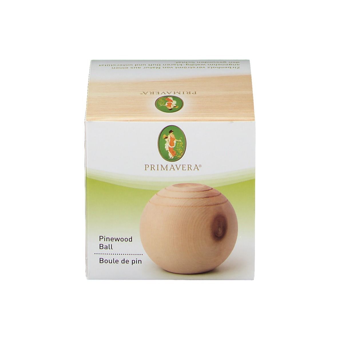 Boule en bois et emballage. Inscription: Pinewood Ball, Boule de pin.