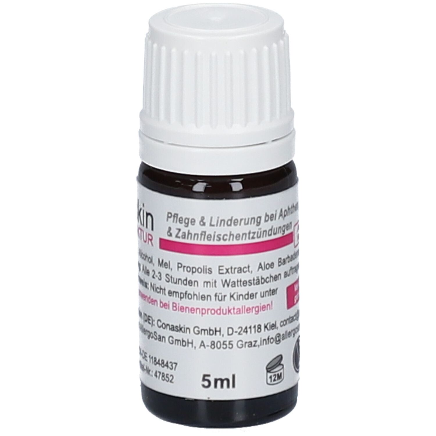 Flacon en verre brun avec bouchon blanc. Étiquette avec nom du produit et ingrédients. Volume : 5ml.