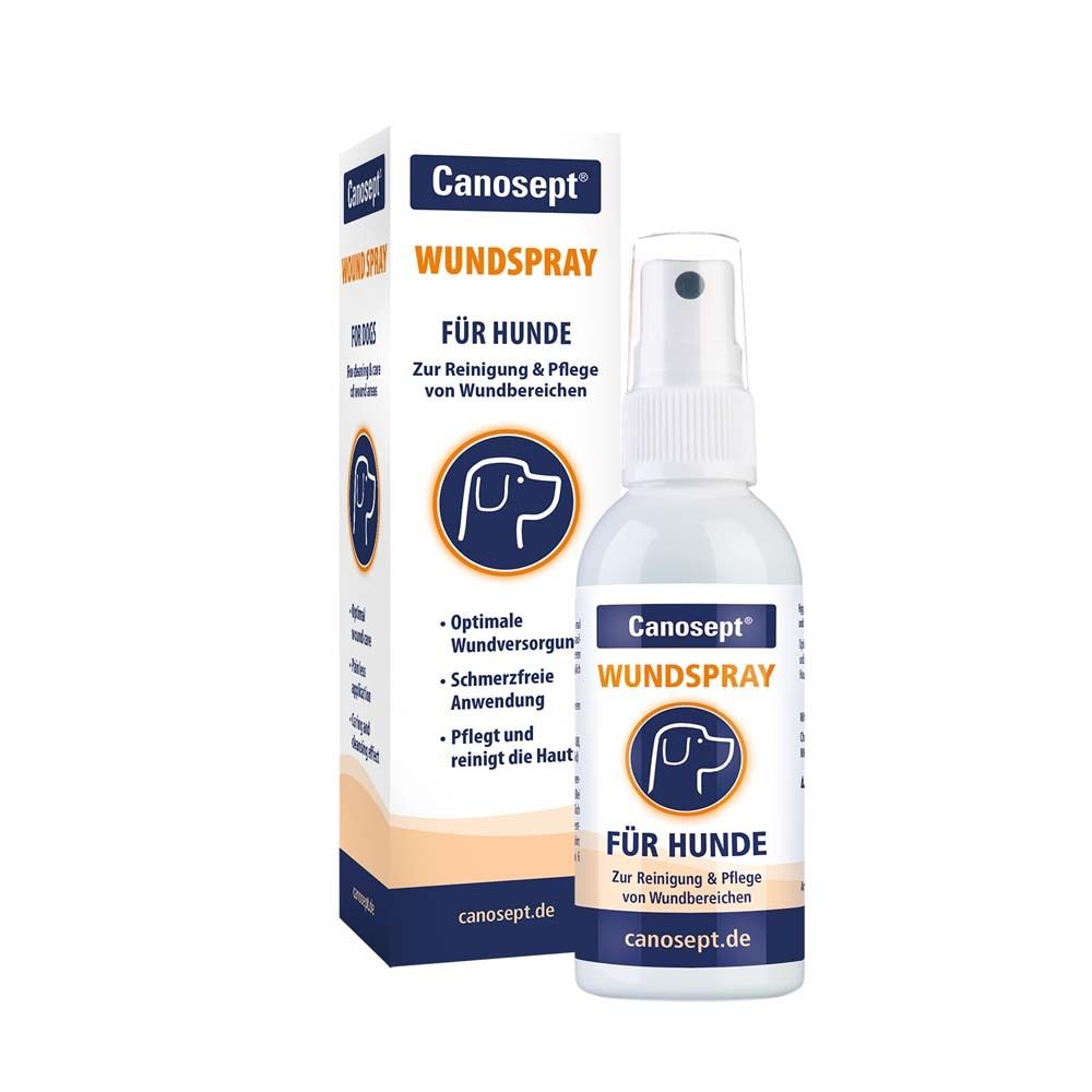Flacon pulvérisateur et boîte pour Canosept Spray pour plaies pour chiens, pour le nettoyage et le soin des plaies.