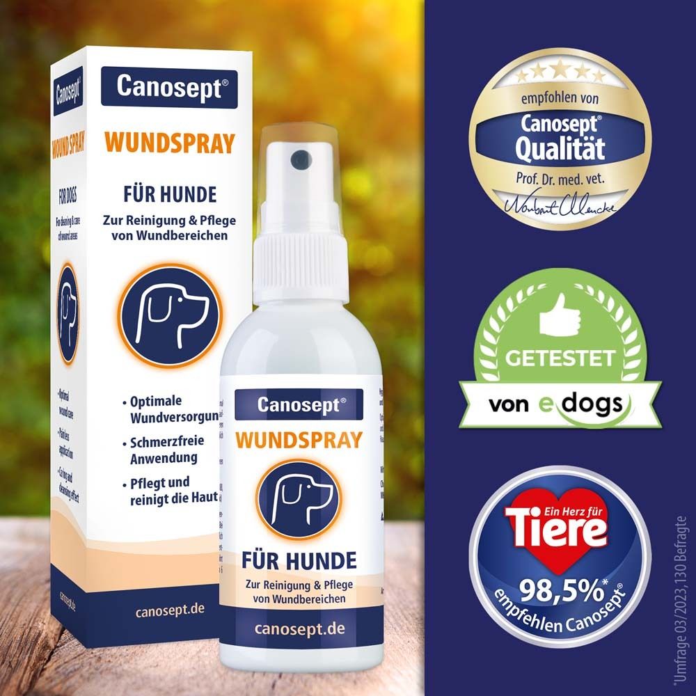 Spray cicatrisant Canosept pour chiens. L'emballage et le flacon pulvérisateur sont représentés. Plusieurs sceaux sont visibles.