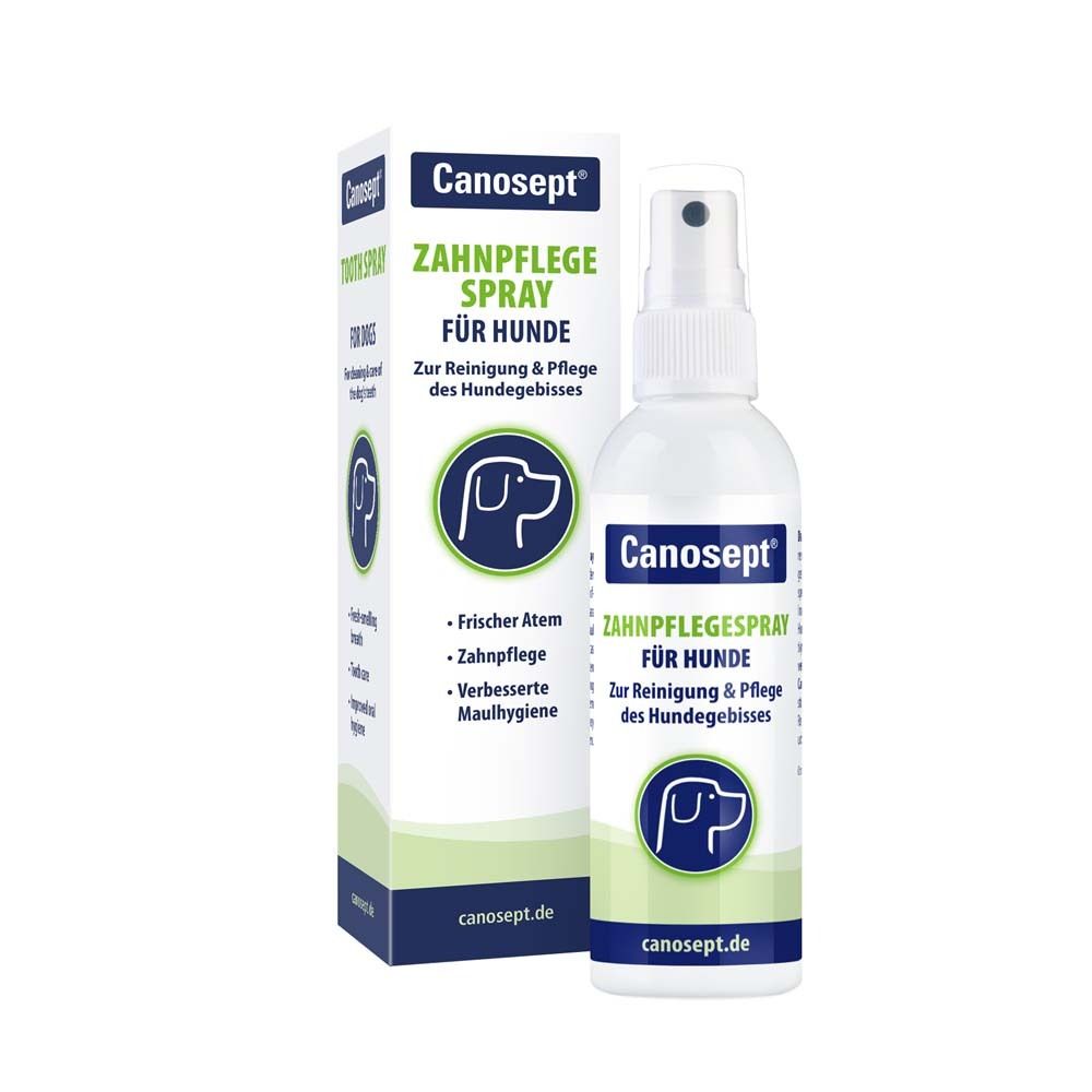 Spray Canosept pour l'hygiène dentaire des chiens. Flacon et emballage blancs. Inscription : Soin dentaire, pour chiens, haleine fraîche.
