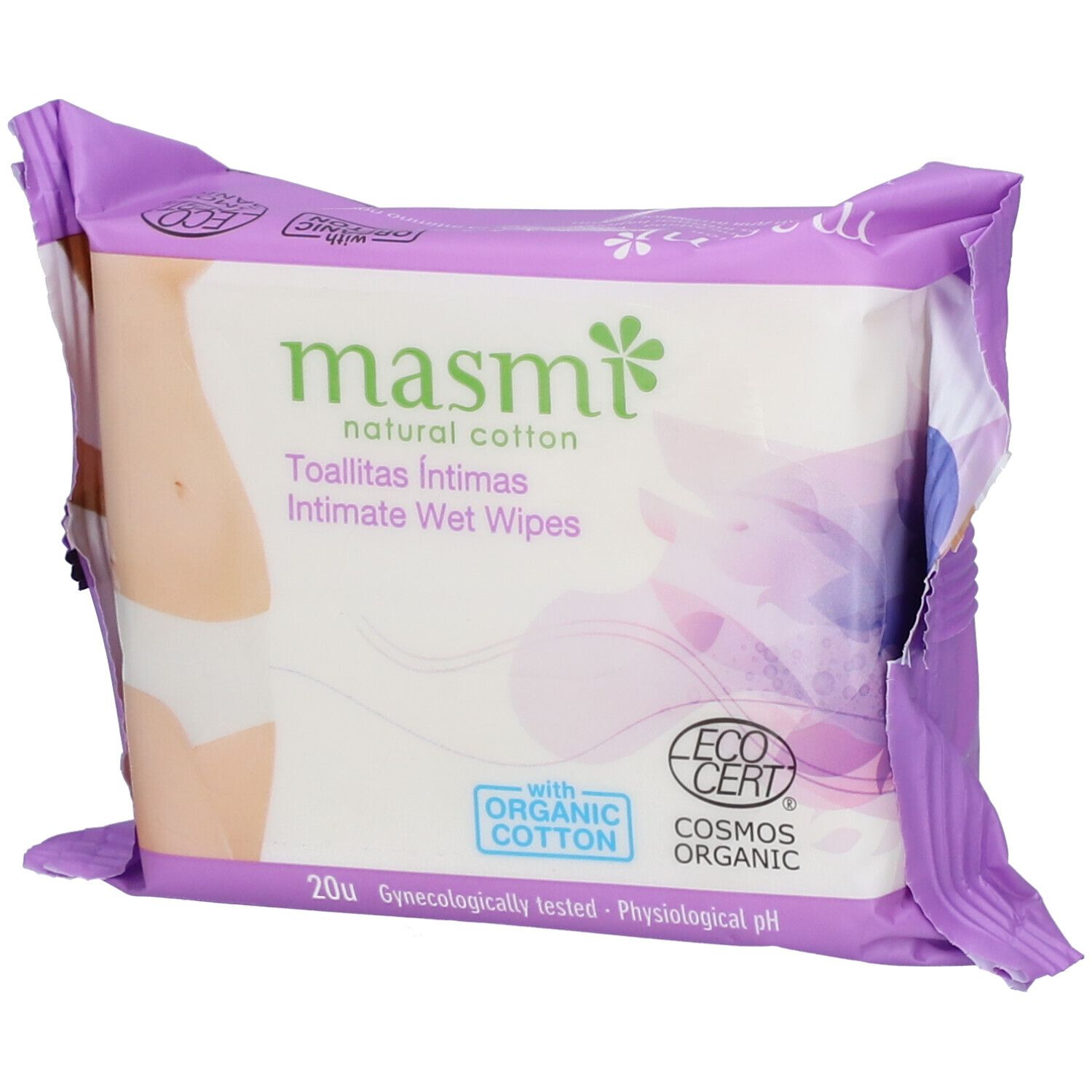 Paquet de lingettes intimes masmi, 20 unités. Avec coton biologique et label Ecocert.
