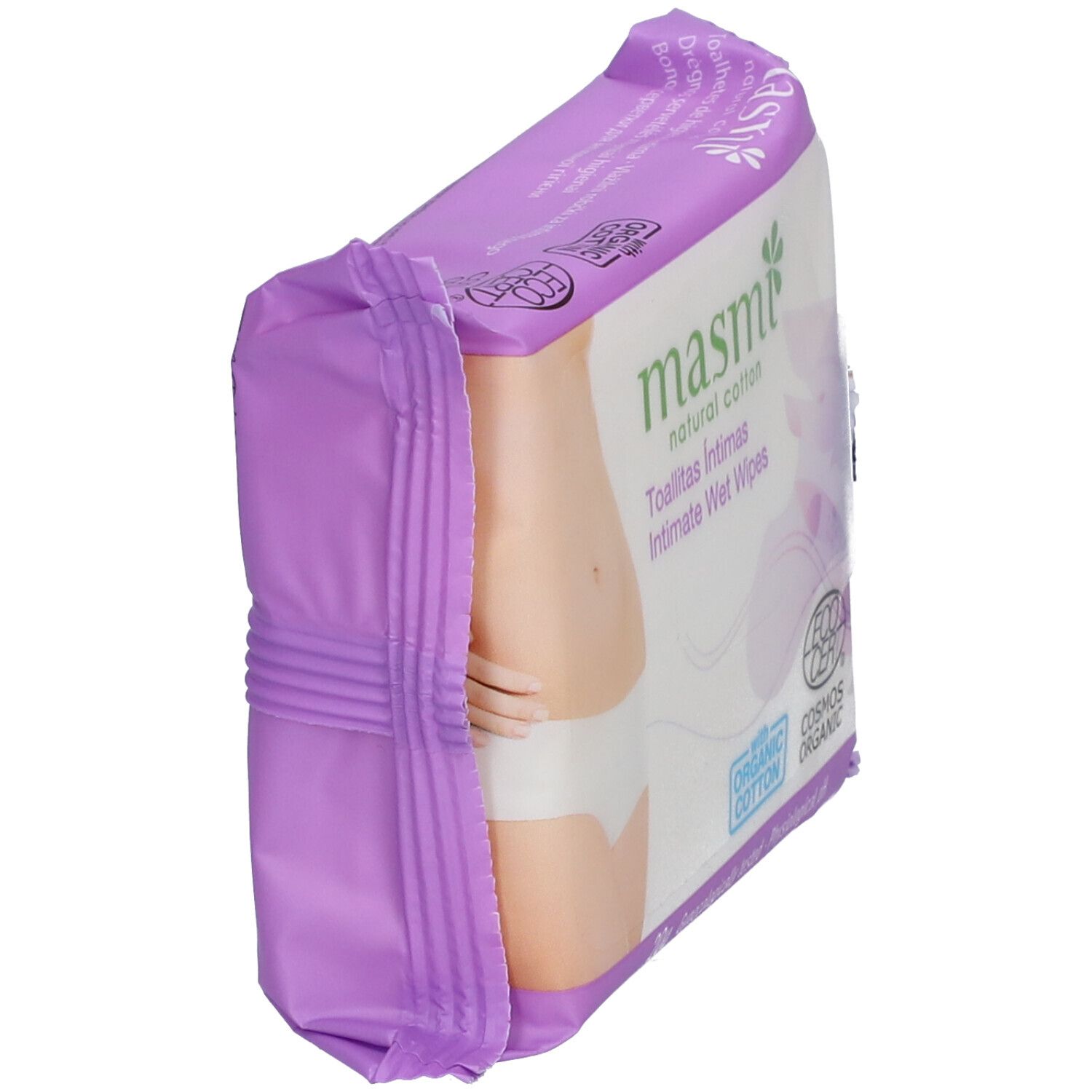 Paquet de lingettes intimes masmi, emballage violet. Avec coton bio et label Ecocert.