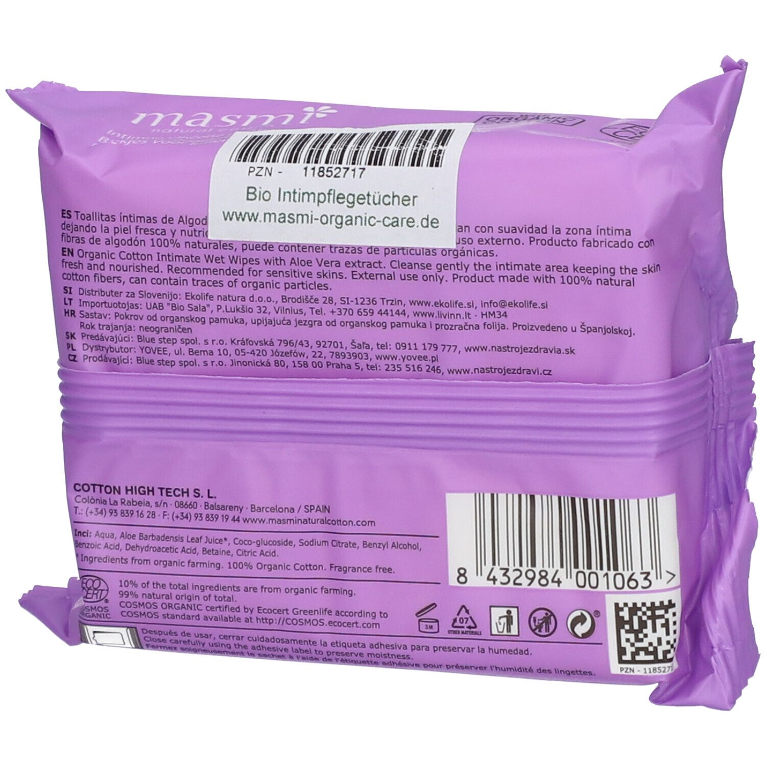Dos du paquet de lingettes intimes masmi. Contient des informations sur les ingrédients, le fabricant et les certifications.