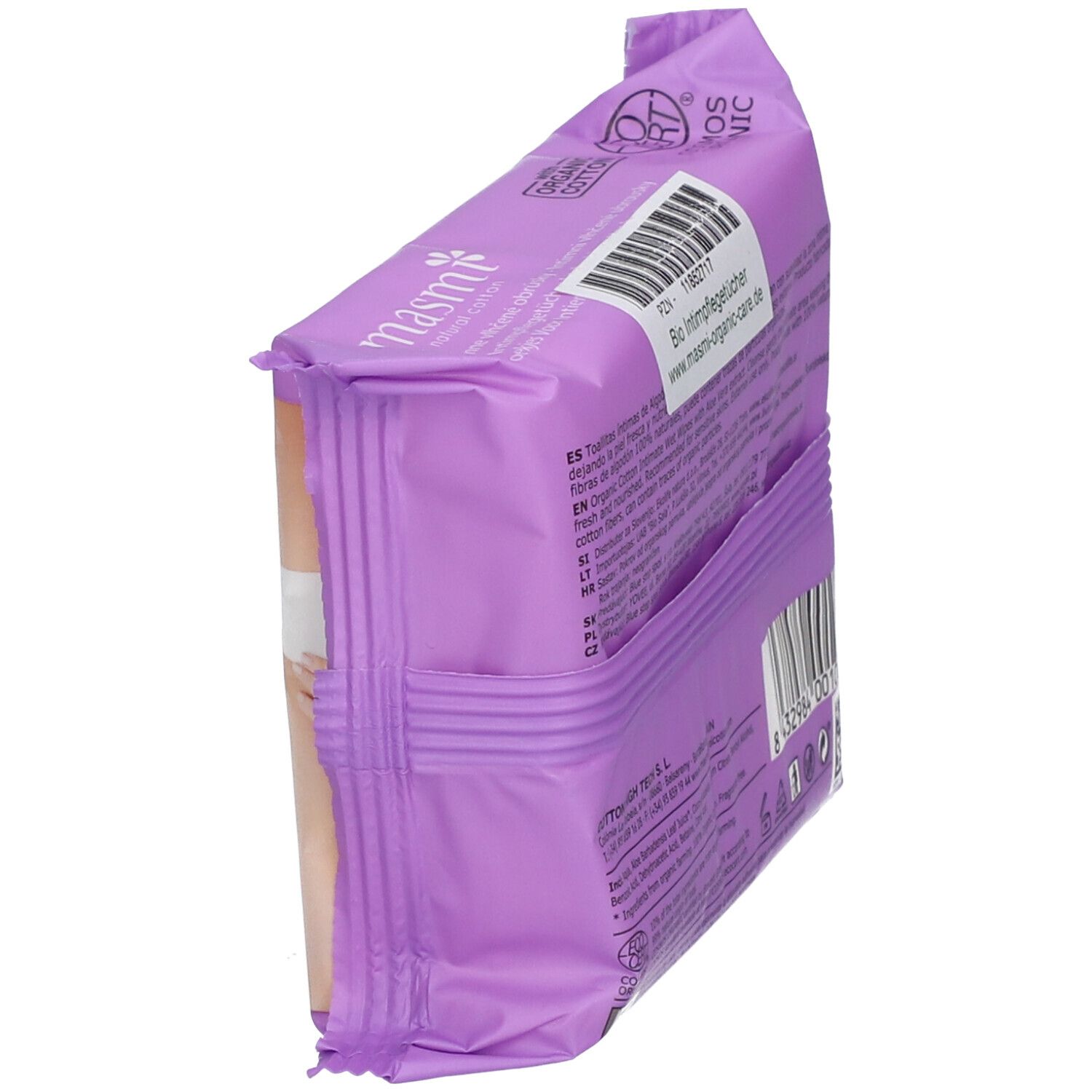 Vue latérale du paquet de lingettes intimes masmi. Avec code-barres et informations.
