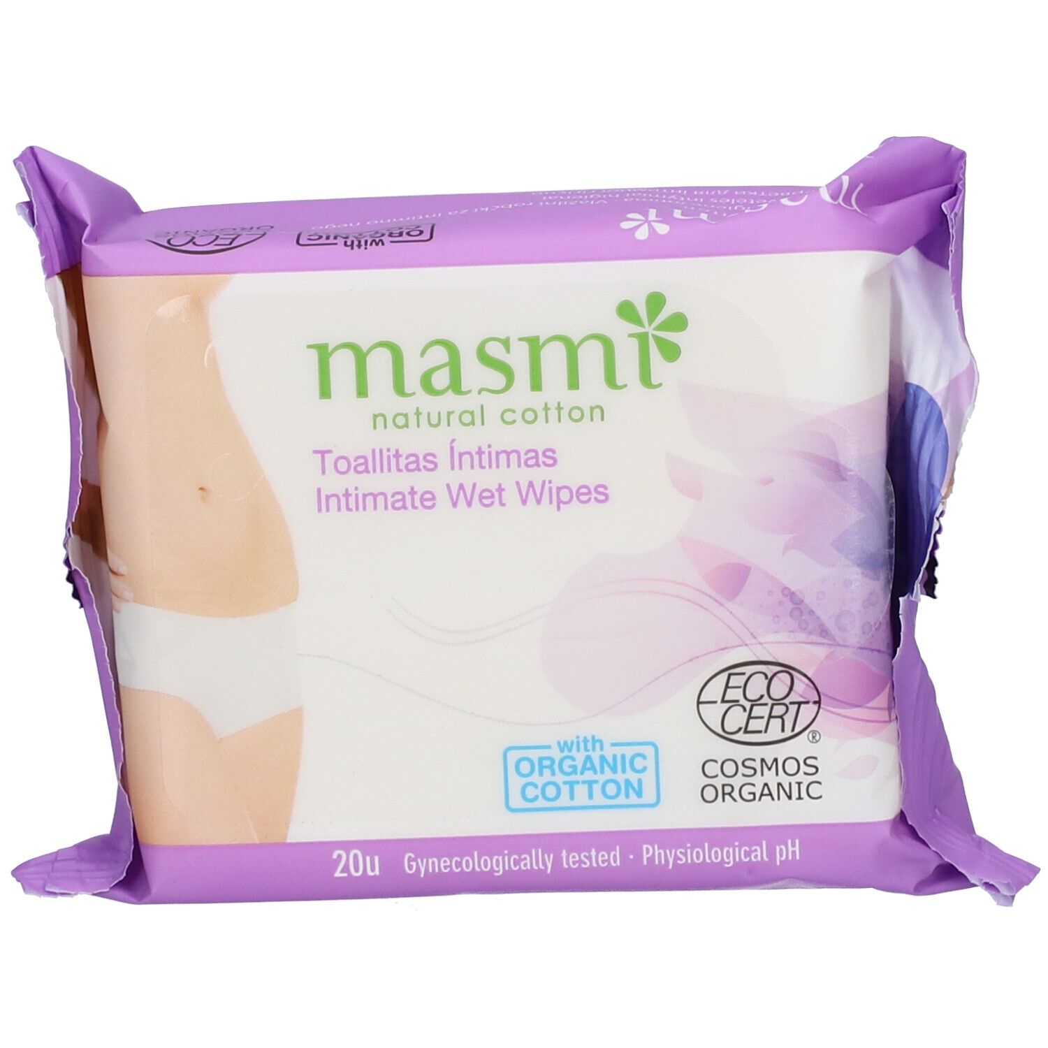 Paquet de lingettes intimes masmi, emballage violet. Avec coton bio et label Ecocert.