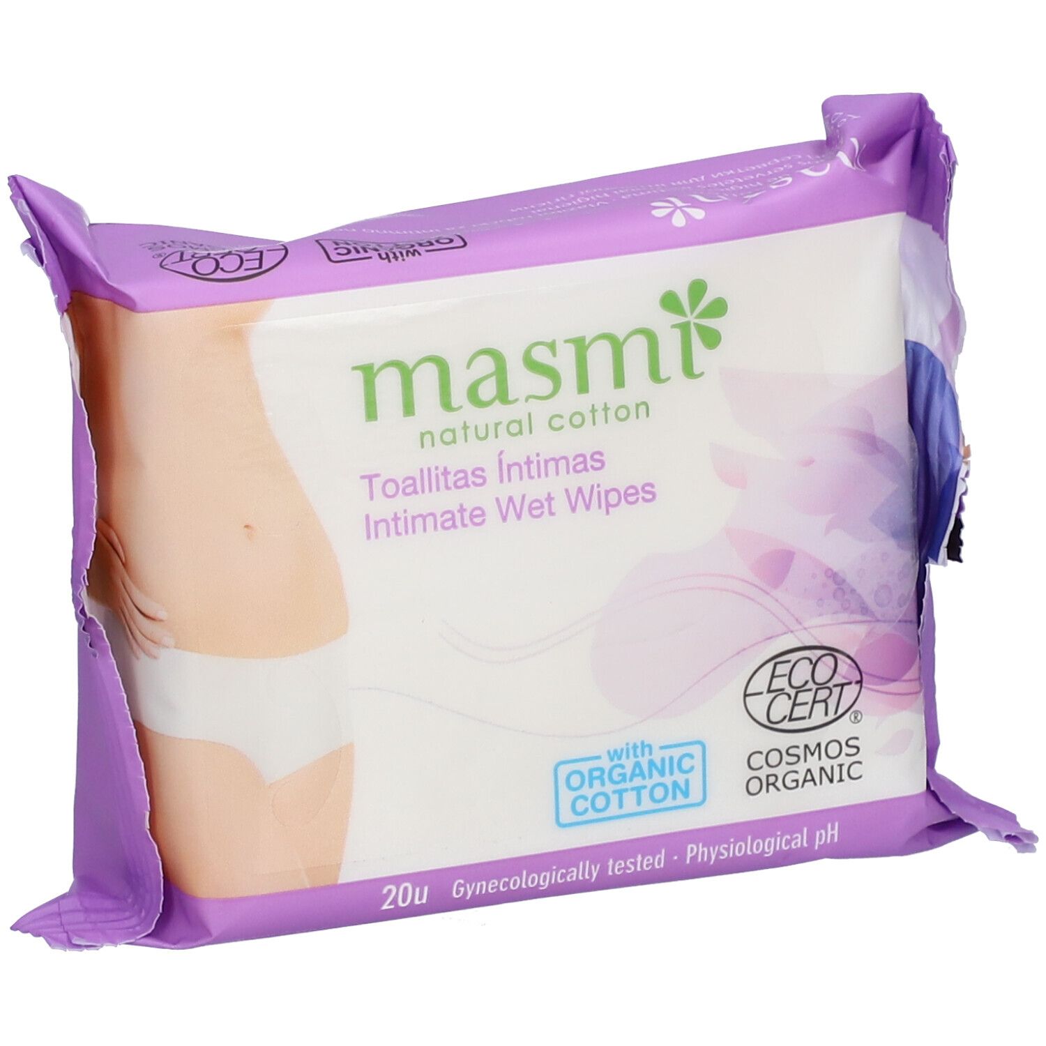 Paquet de lingettes intimes masmi, emballage violet. Avec coton bio et label Ecocert.