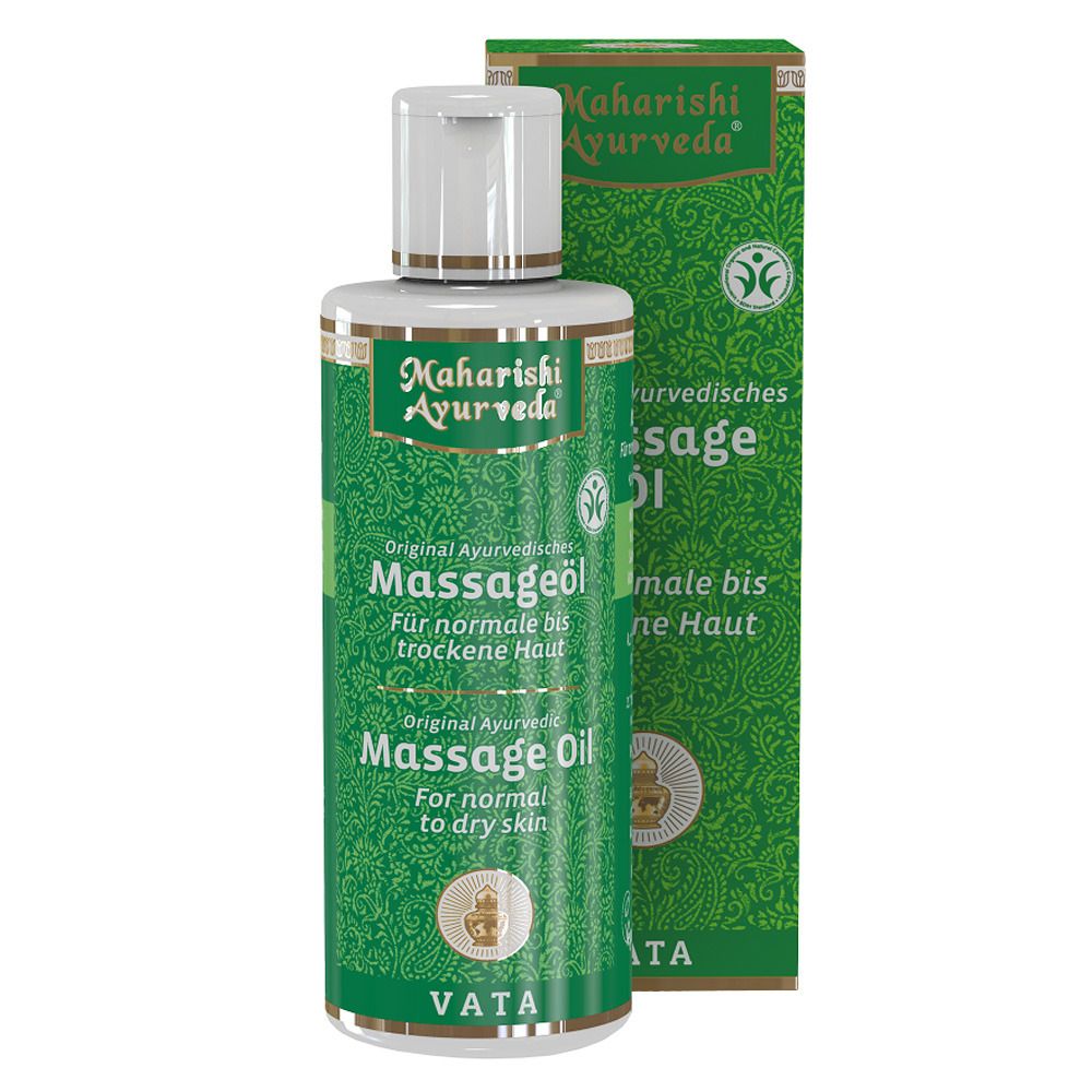 Flacon vert de massage. Texte: Maharishi Ayurveda, huile de massage, pour peaux normales à sèches. Vata.