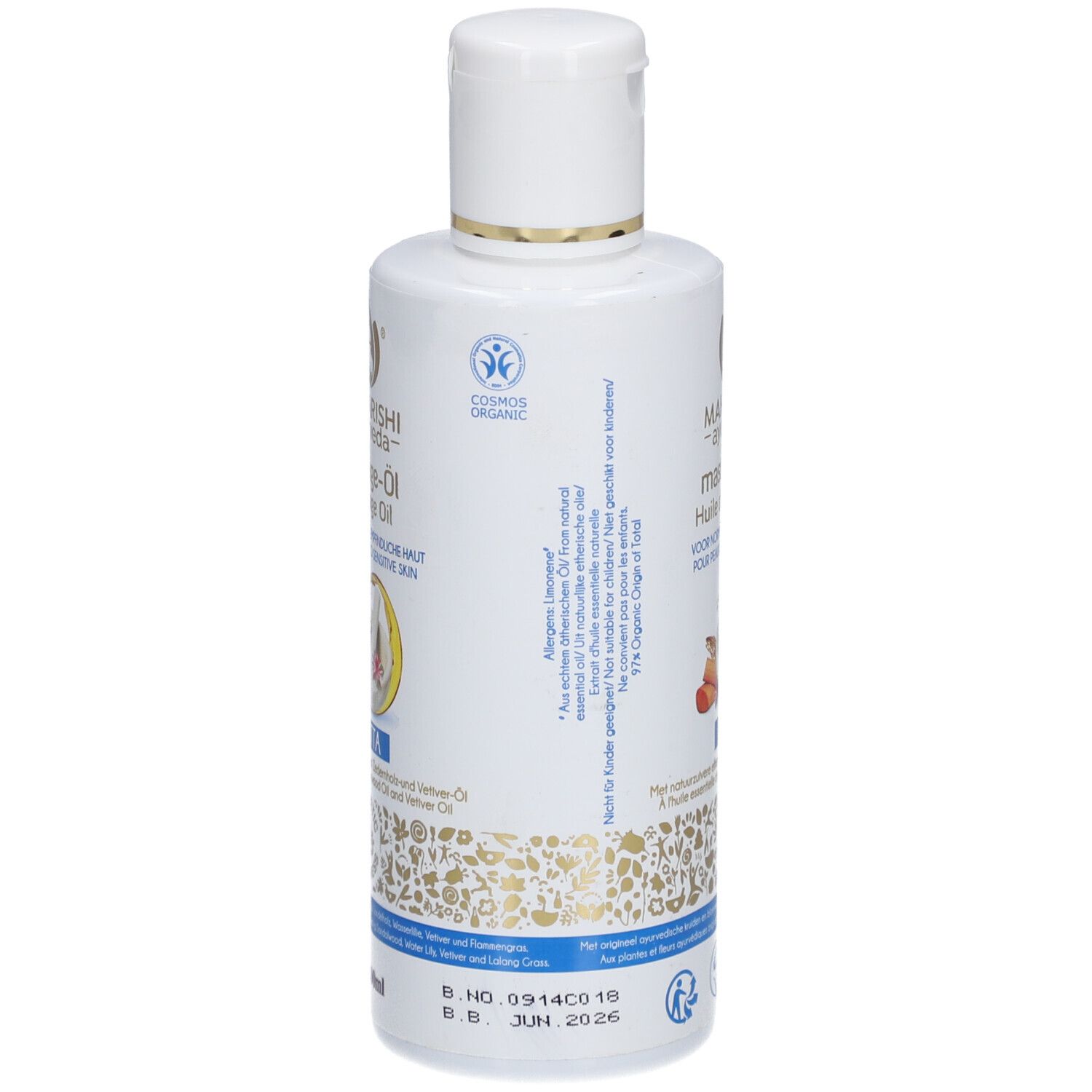 Flacon blanc d'huile de massage. Inscription: Maharishi Ayurveda, Massage-Öl, pour peaux normales à sensibles. Label Cosmos Organic.