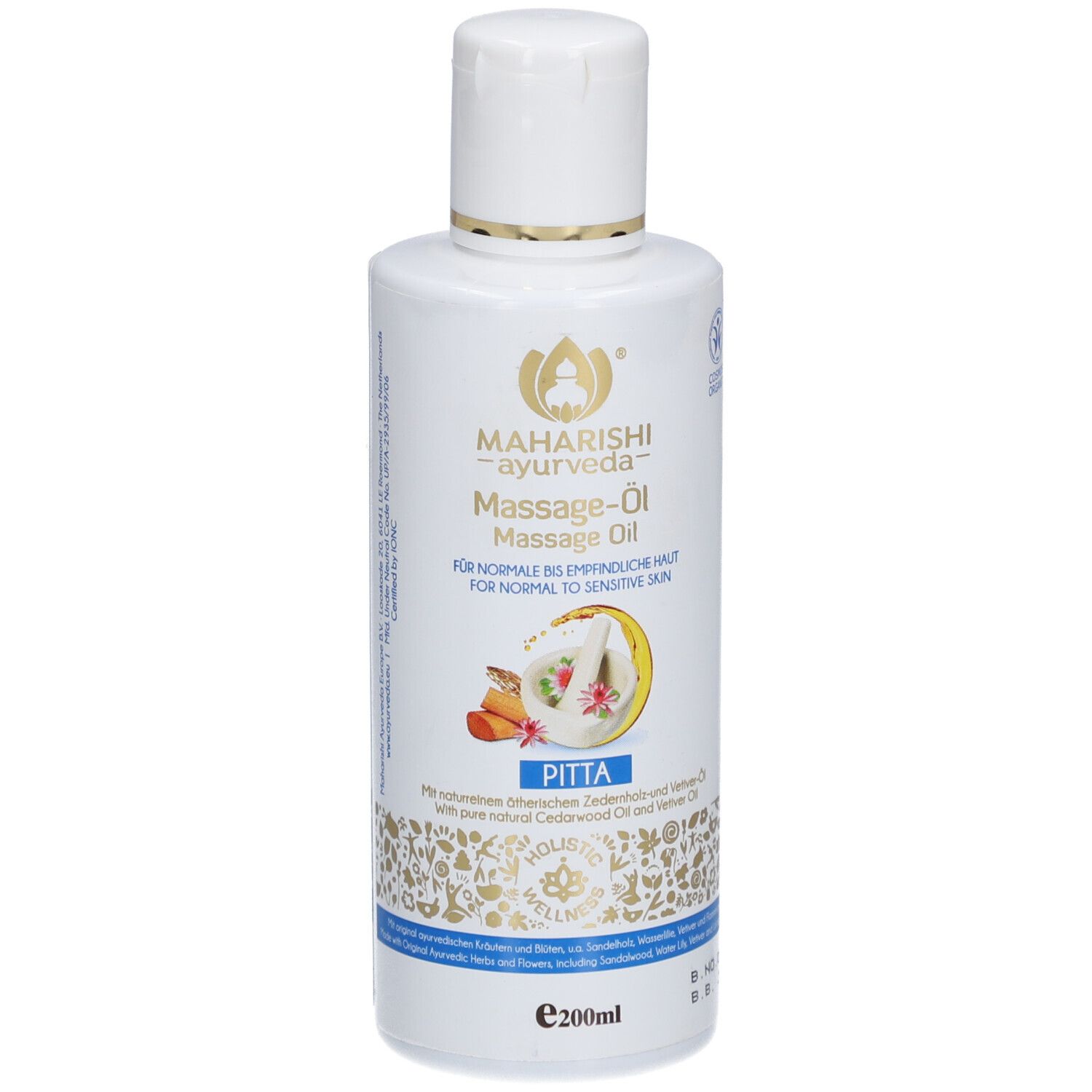 Flacon blanc d'huile de massage. Inscription: Maharishi Ayurveda, Massage-Öl, pour peaux normales à sensibles. Avec indication Pitta.