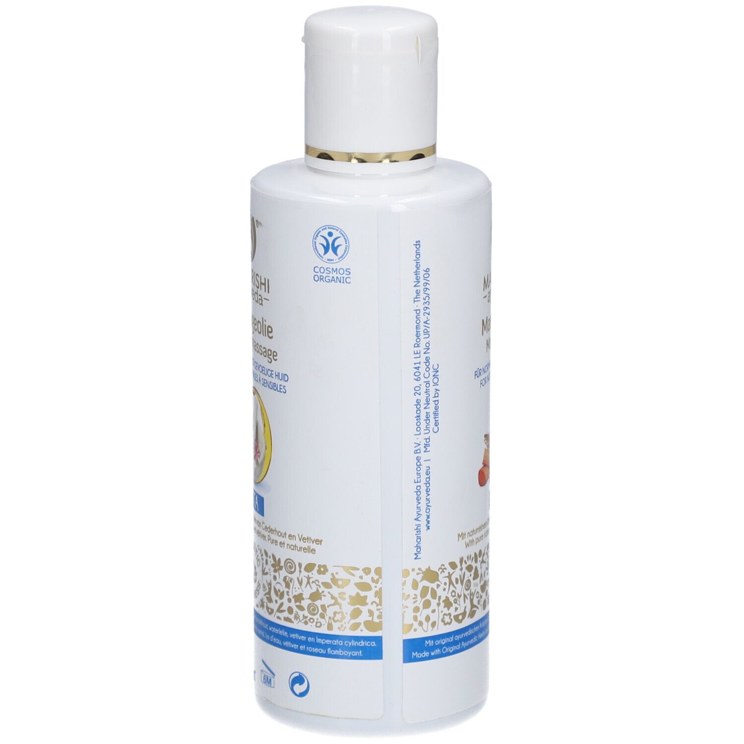 Flacon blanc d'huile de massage. Inscription: Maharishi Ayurveda, Massage-Öl, pour peaux normales à sensibles. Label Cosmos Organic.