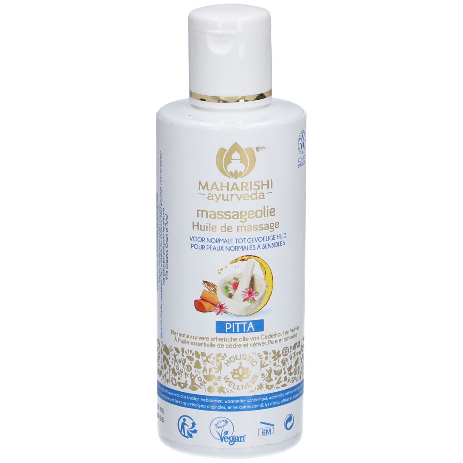 Flacon blanc d'huile de massage. Inscription: Maharishi Ayurveda, Massage-Öl, pour peaux normales à sensibles. Label Vegan.
