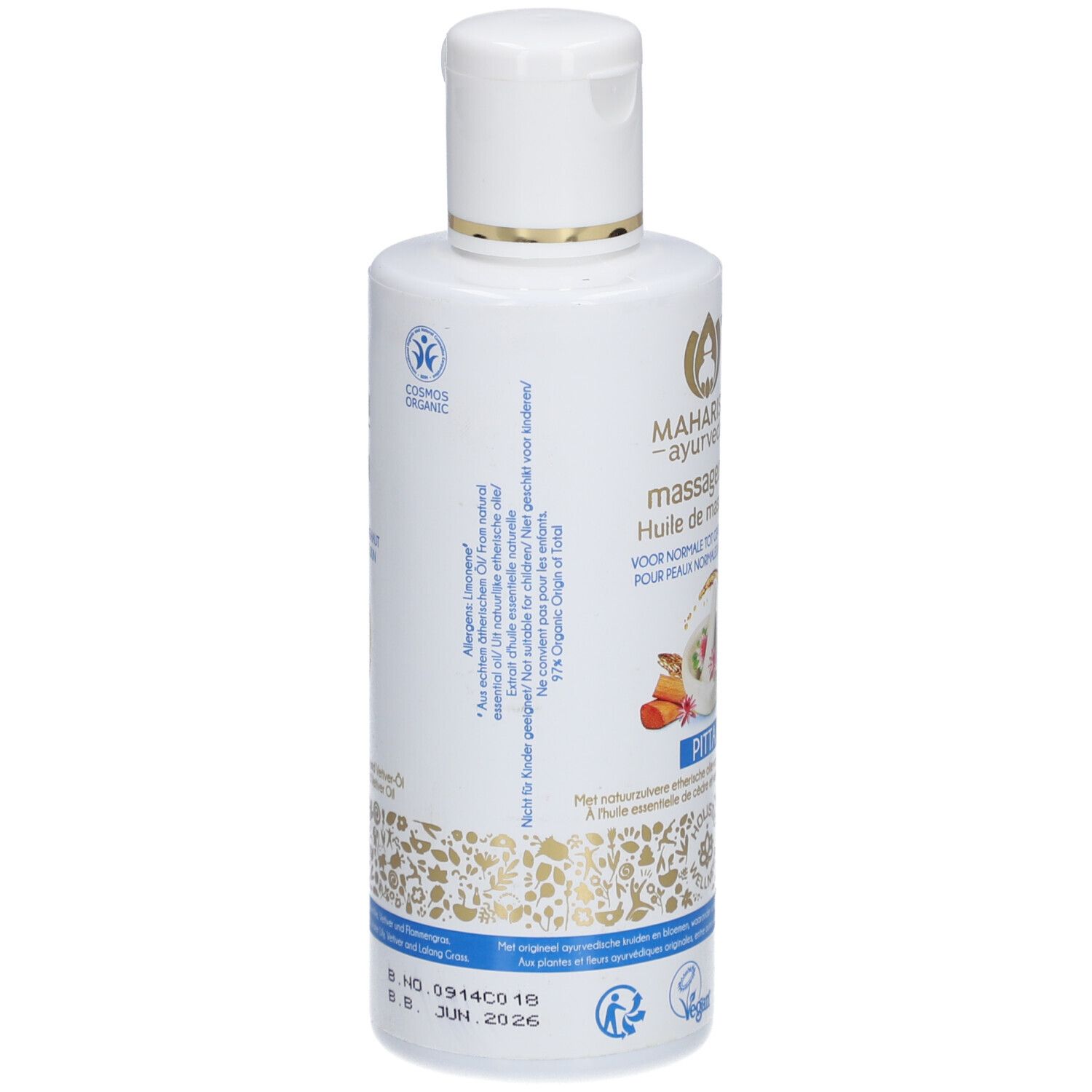 Flacon blanc d'huile de massage. Inscription: Maharishi Ayurveda, Massage-Öl, pour peaux normales à sensibles. Label Cosmos Organic.