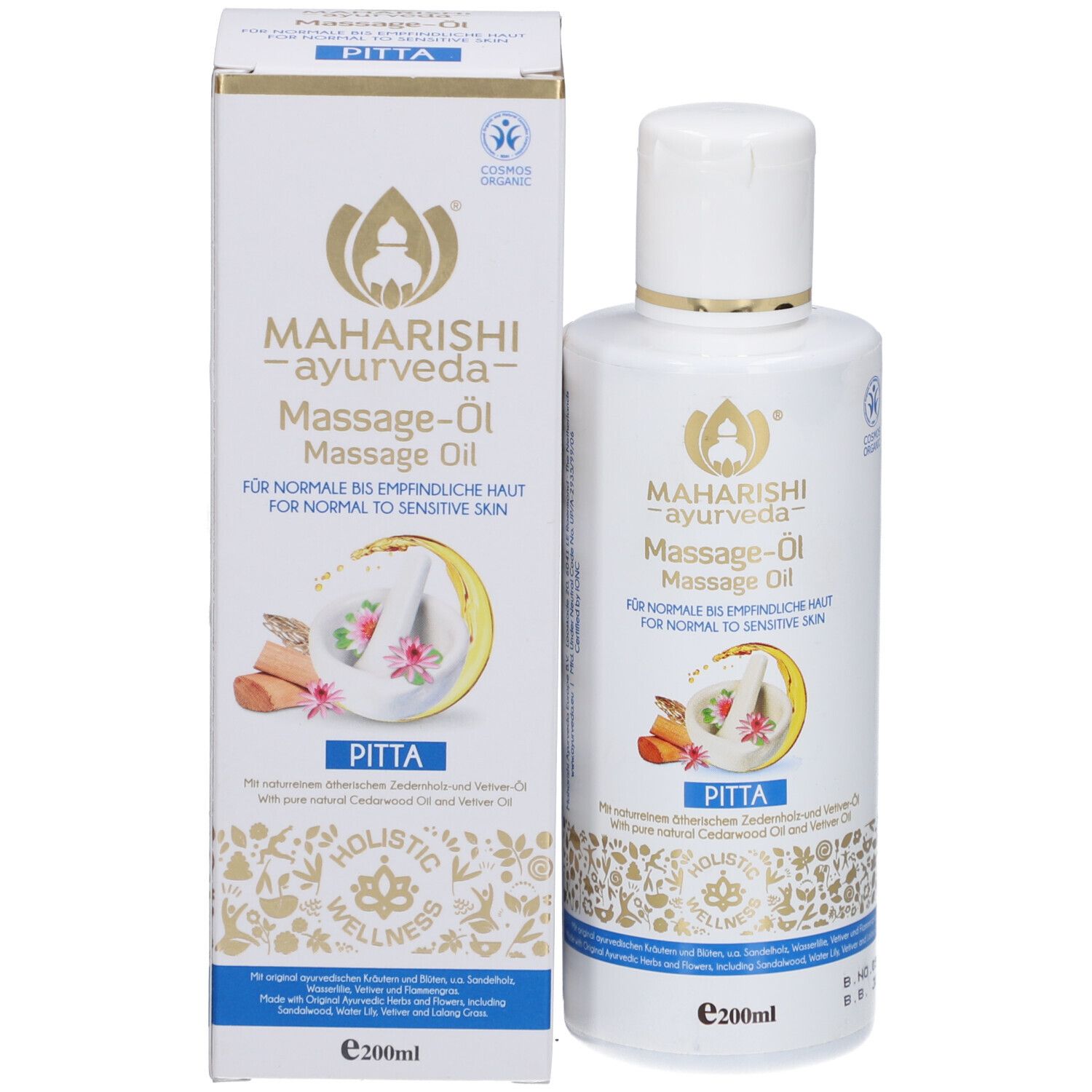 Emballage produit avec flacon d'huile de massage. Inscription: Maharishi Ayurveda, Massage-Öl, pour peaux normales à sensibles. Avec indication Pitta.