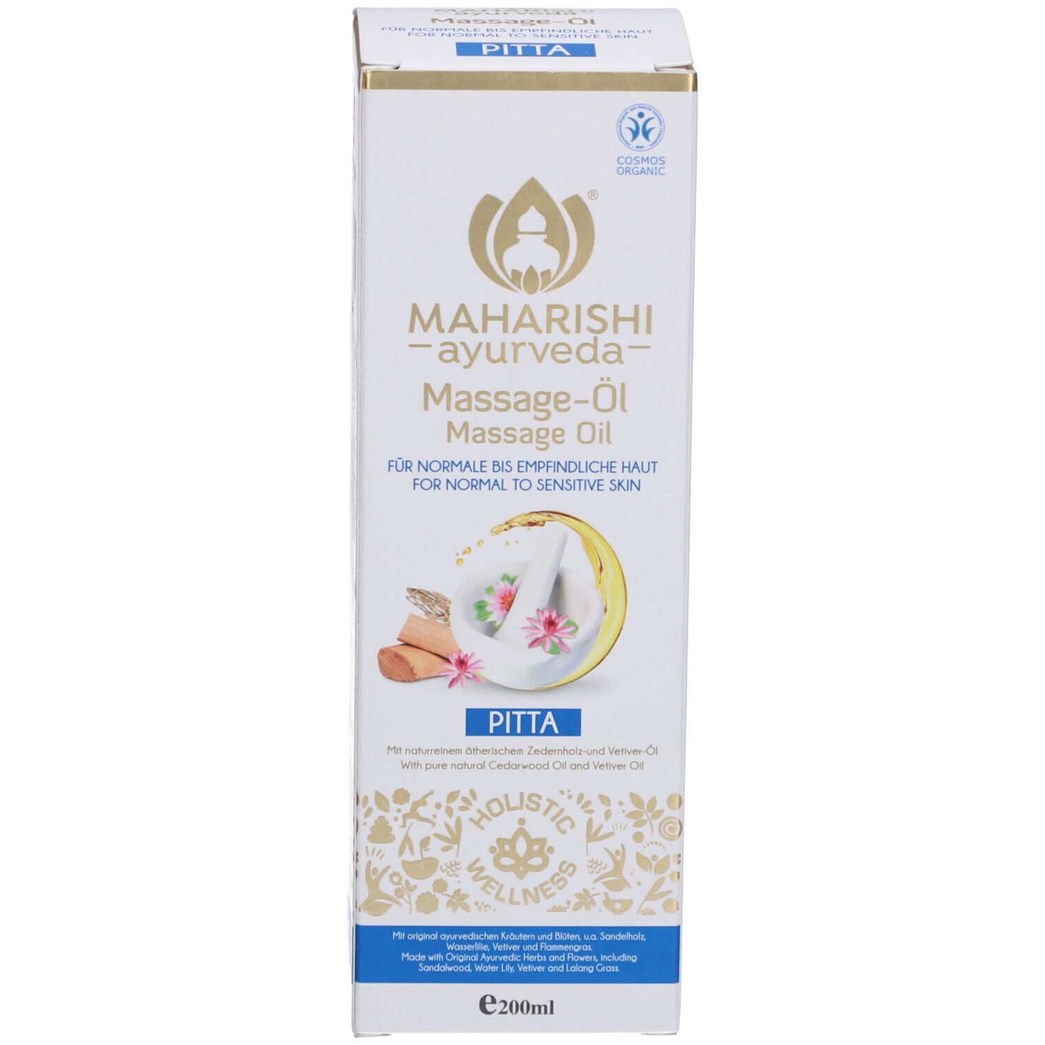 Emballage produit avec flacon d'huile de massage. Inscription: Maharishi Ayurveda, Massage-Öl, pour peaux normales à sensibles. Avec indication Pitta.