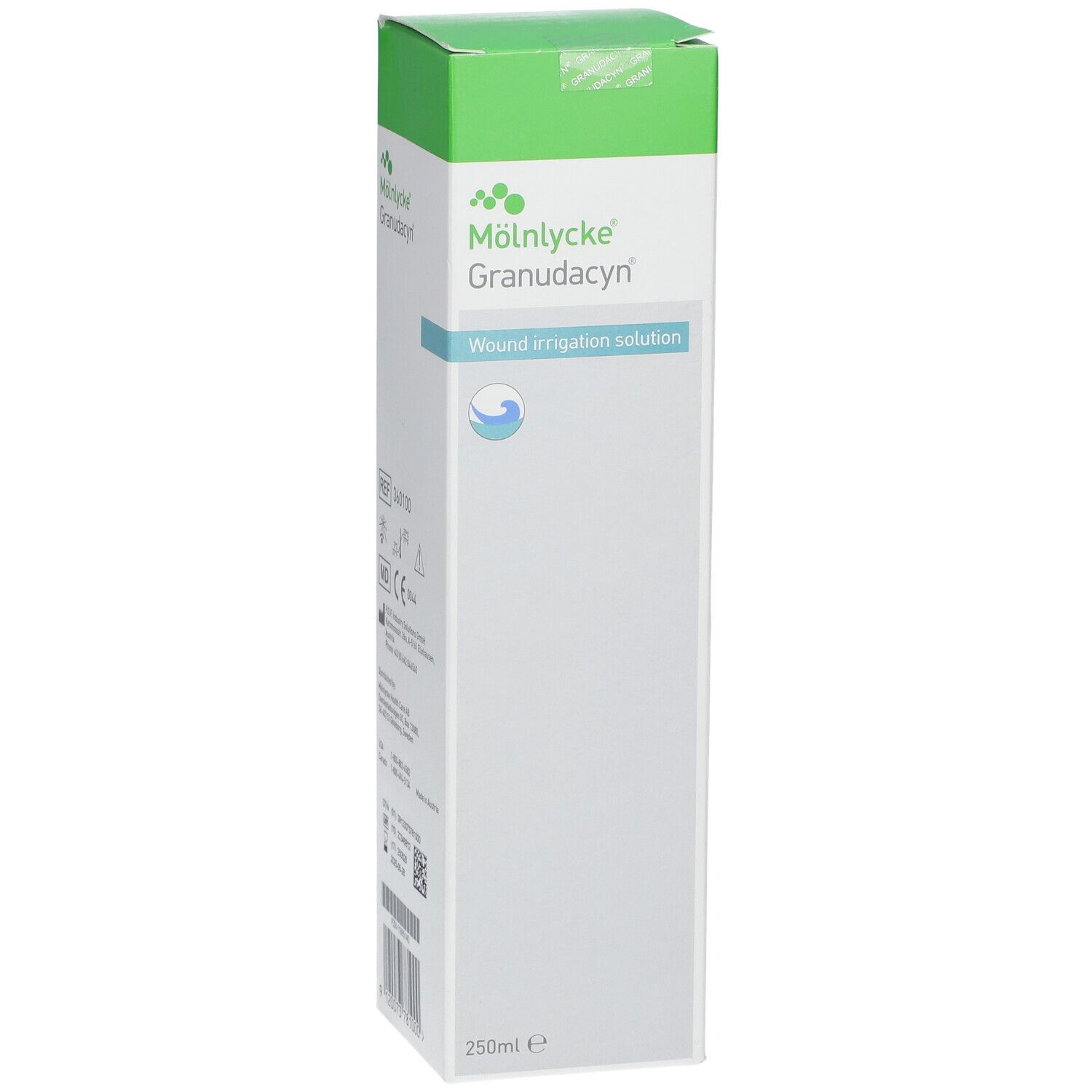 Emballage Granudacyn. Logo, nom du produit et volume 250ml. Marquage CE.