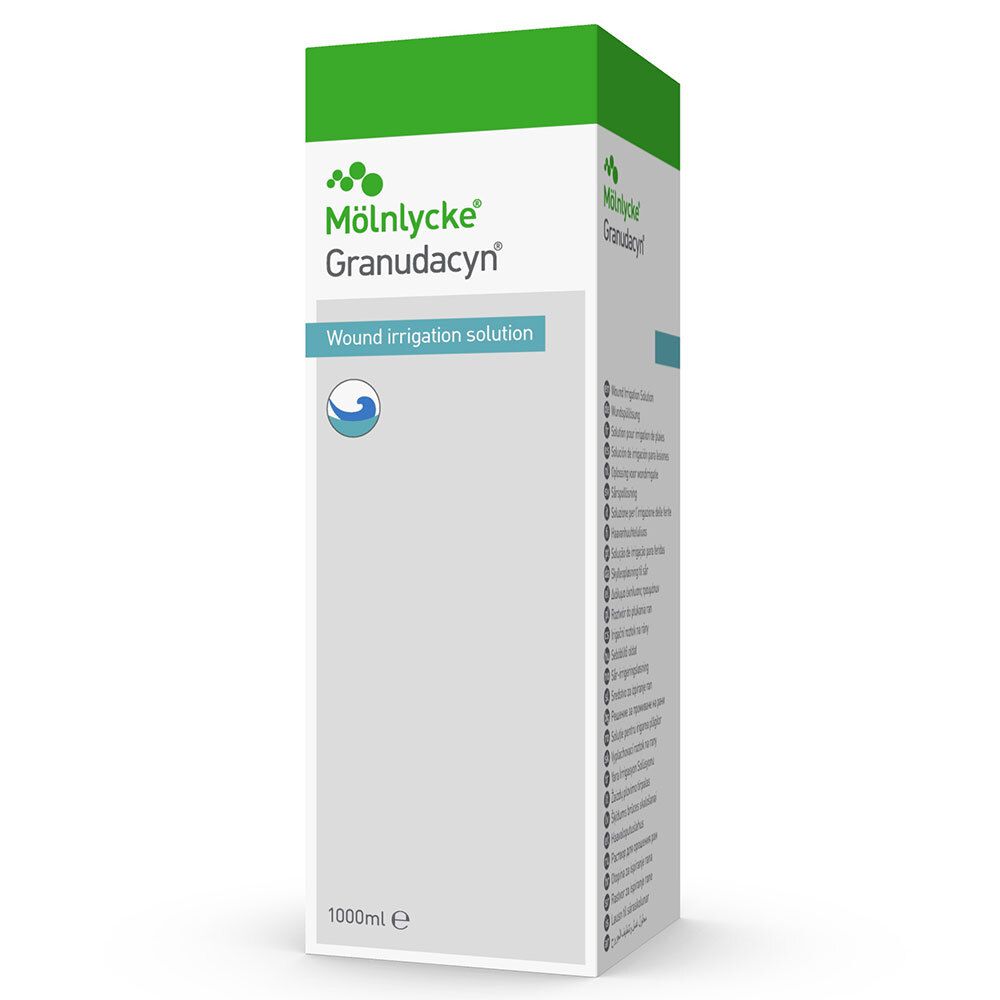 Boîte de Mölnlycke Granudacyn. Emballage vert et blanc avec nom et logo du produit. 1000ml.