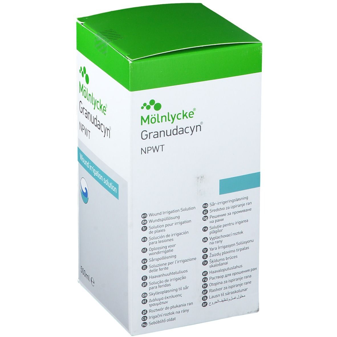 Boîte Mölnlycke Granudacyn NPWT. Liste multilingue de 'Solution pour irrigation' et termes similaires.